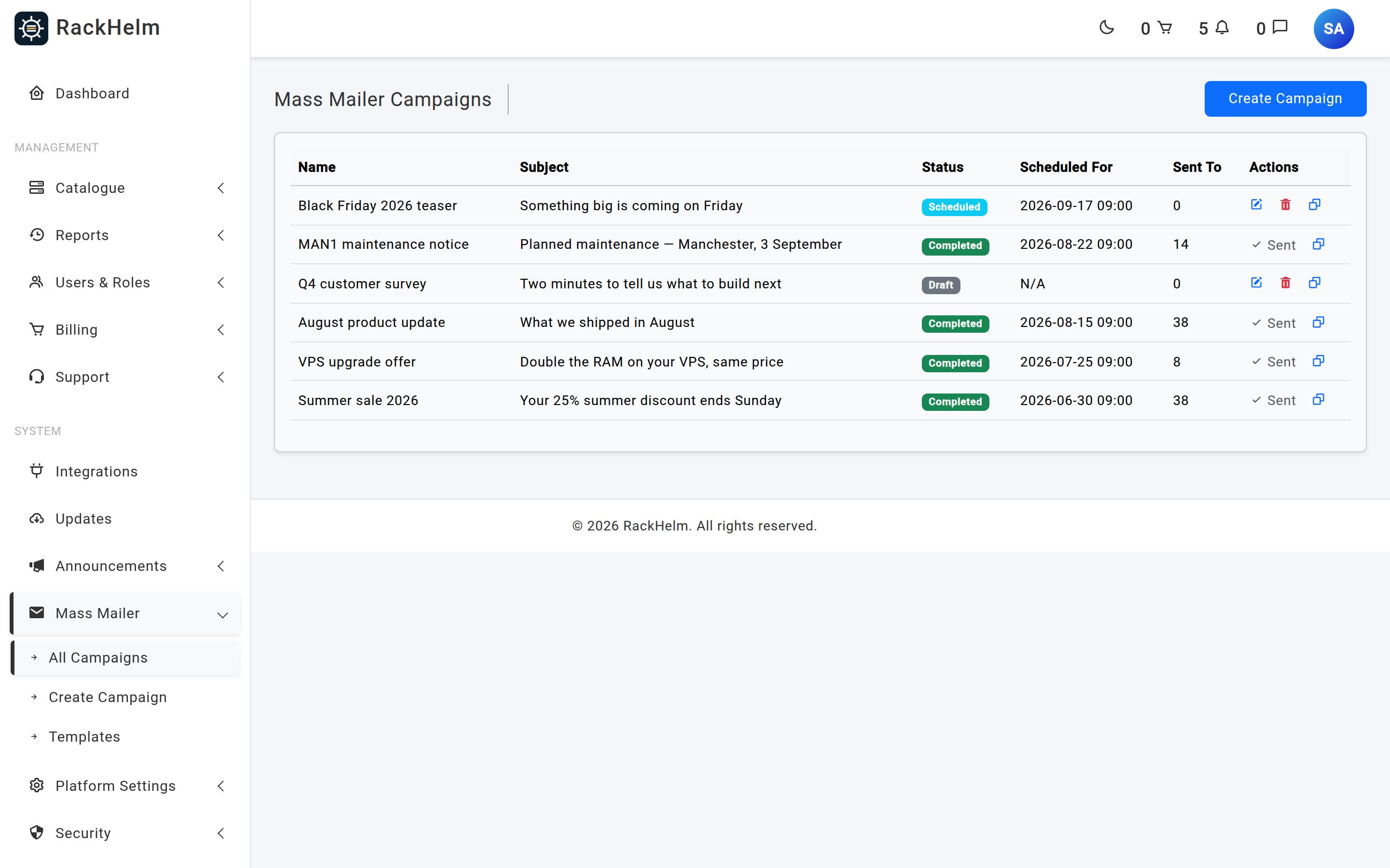 The campaigns list showing status badges, schedule and recipient counts