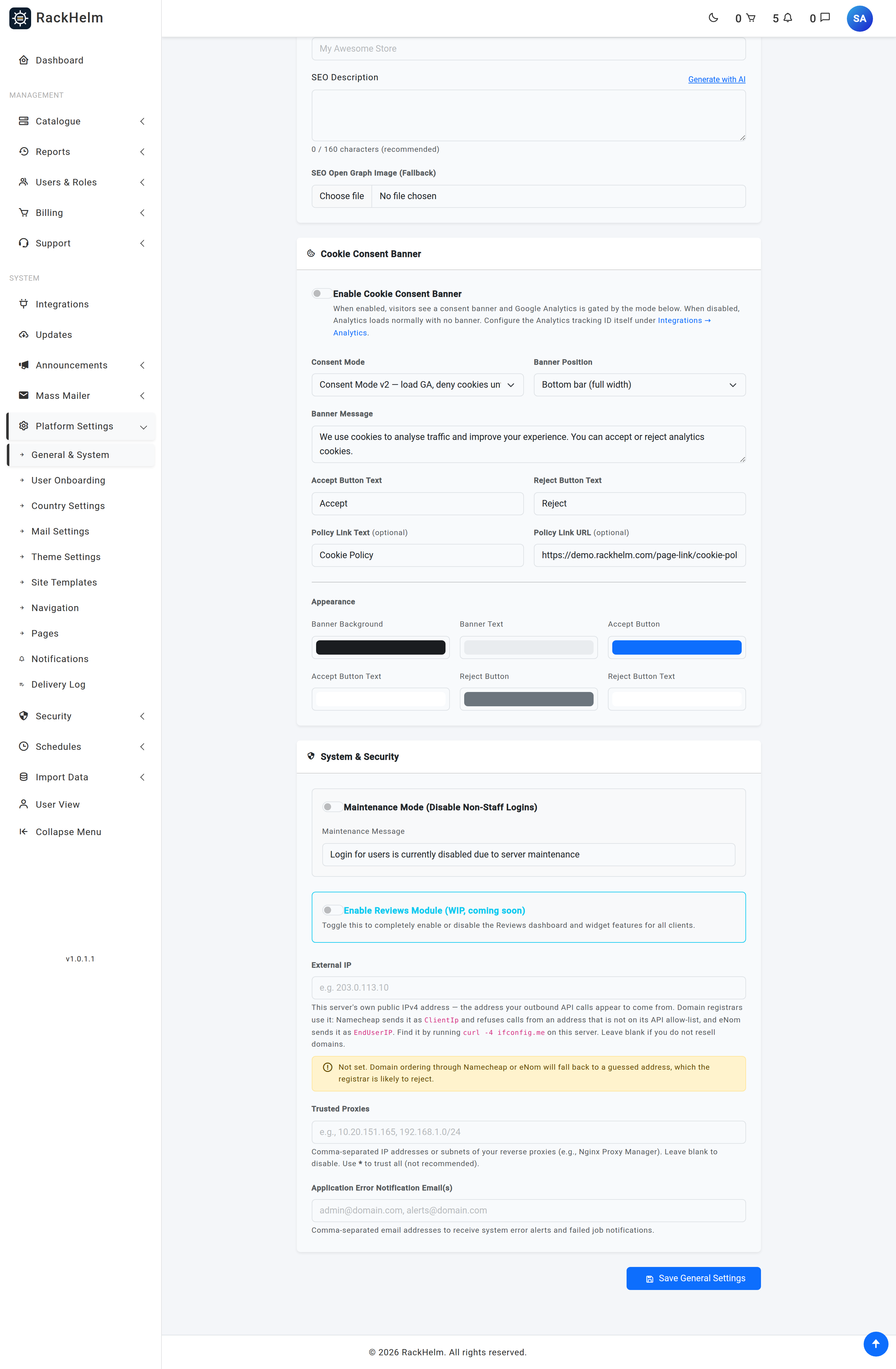 The Cookie Consent Banner card with mode, position, message, button labels and colour pickers
