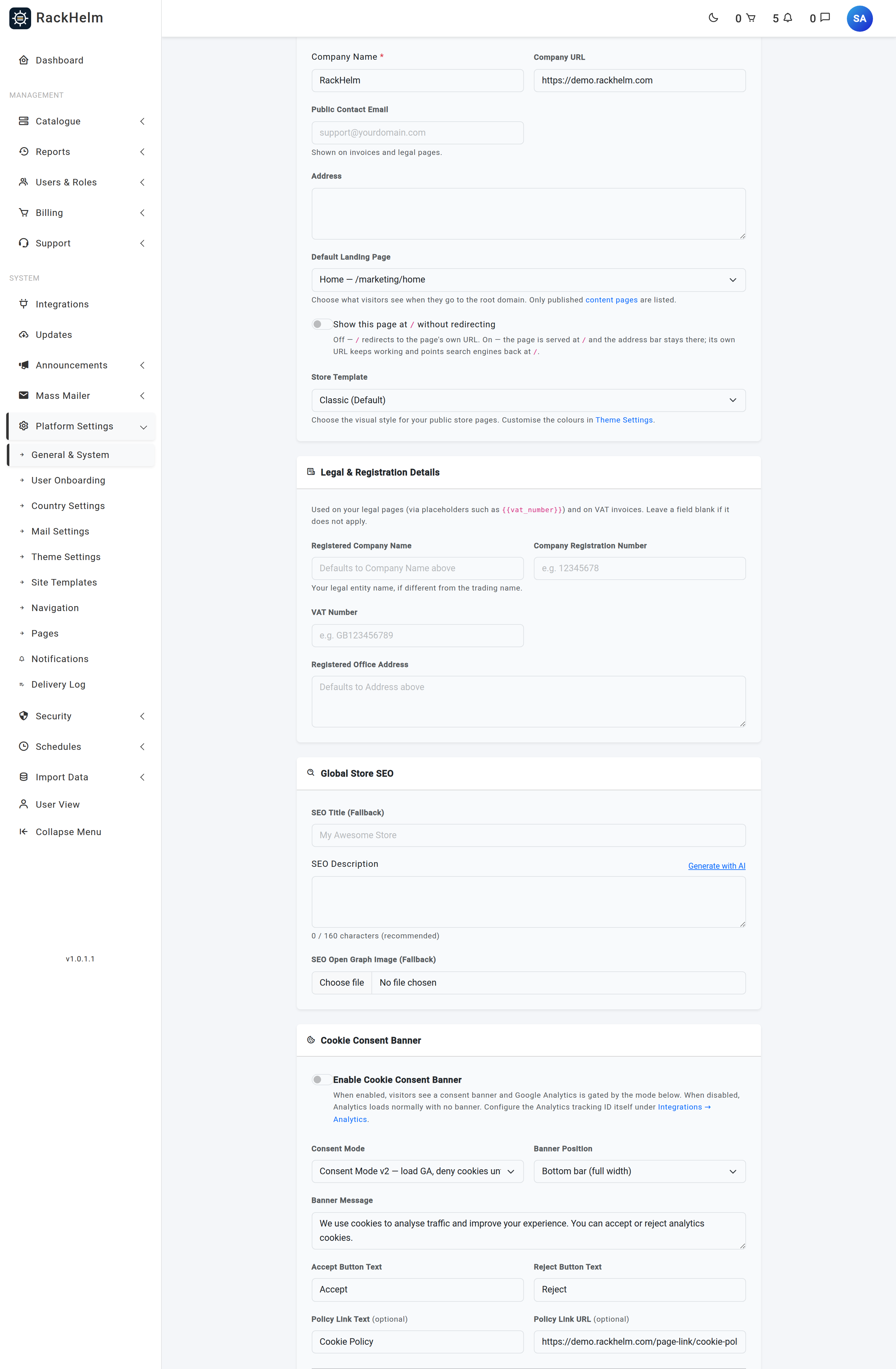 The Default Landing Page dropdown on the General and System screen with the serve-in-place switch below it