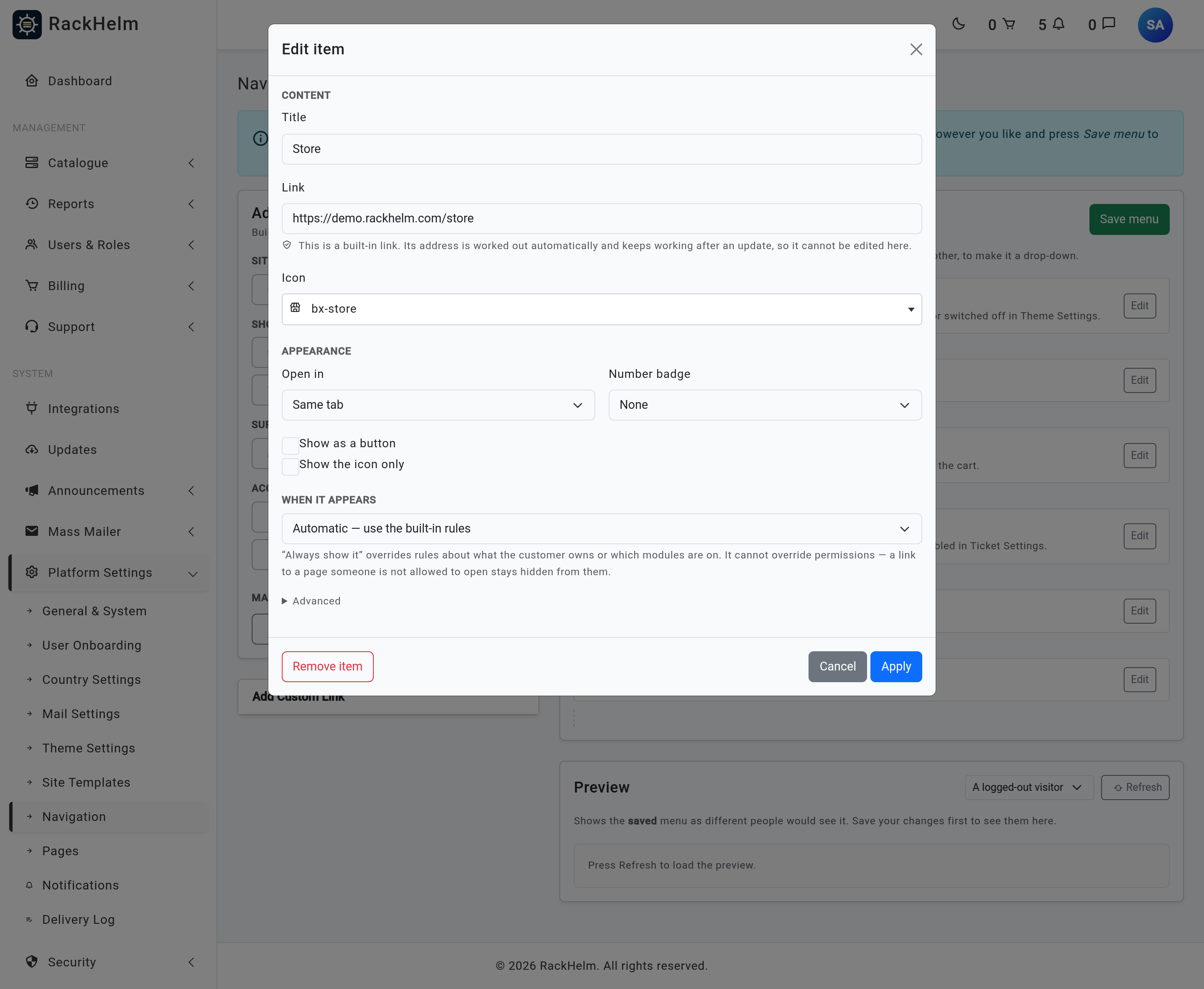 The Edit item dialog with Content, Appearance and When it appears sections