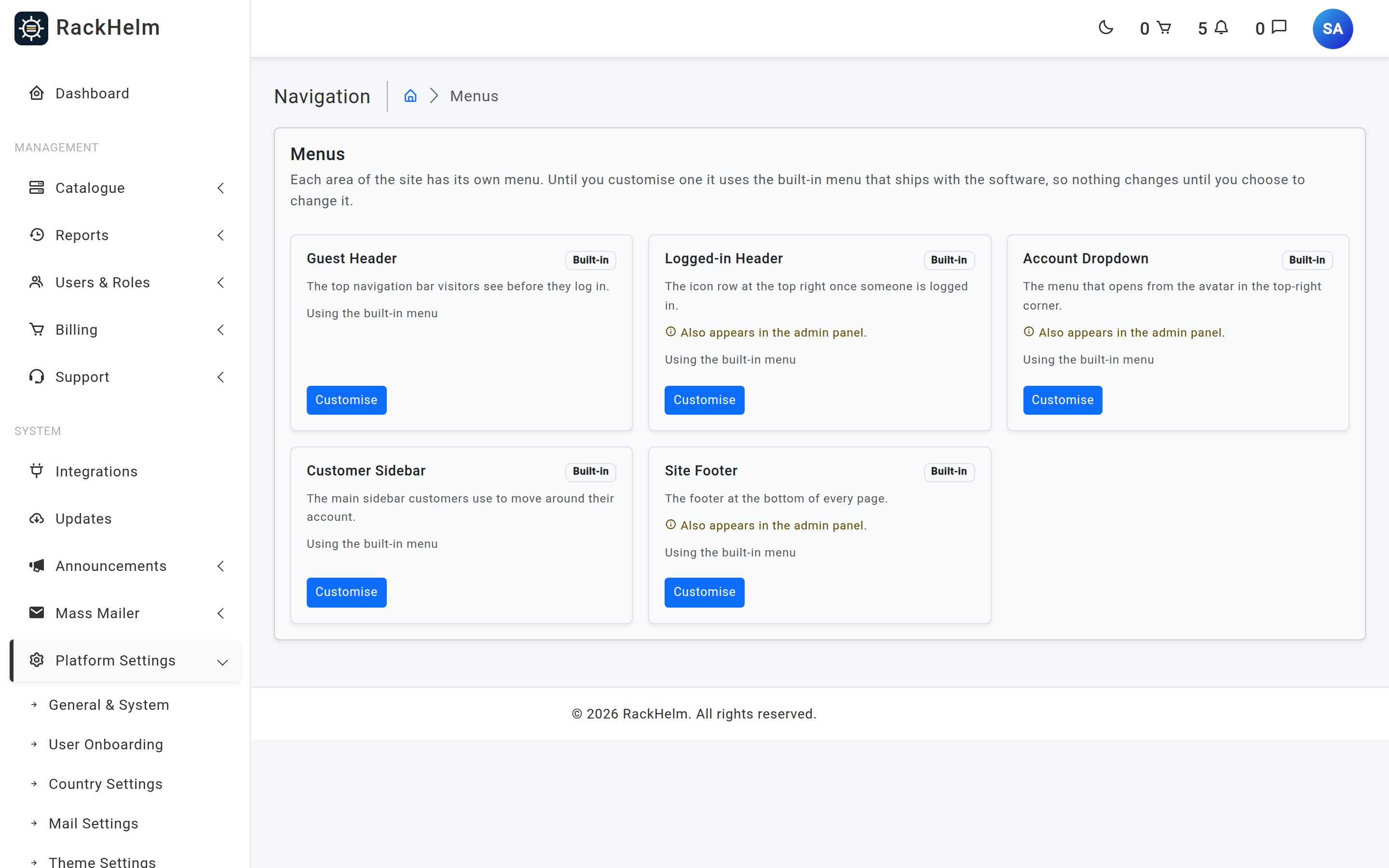 The Menus screen showing a card per navigation location with Built-in or Customised badges