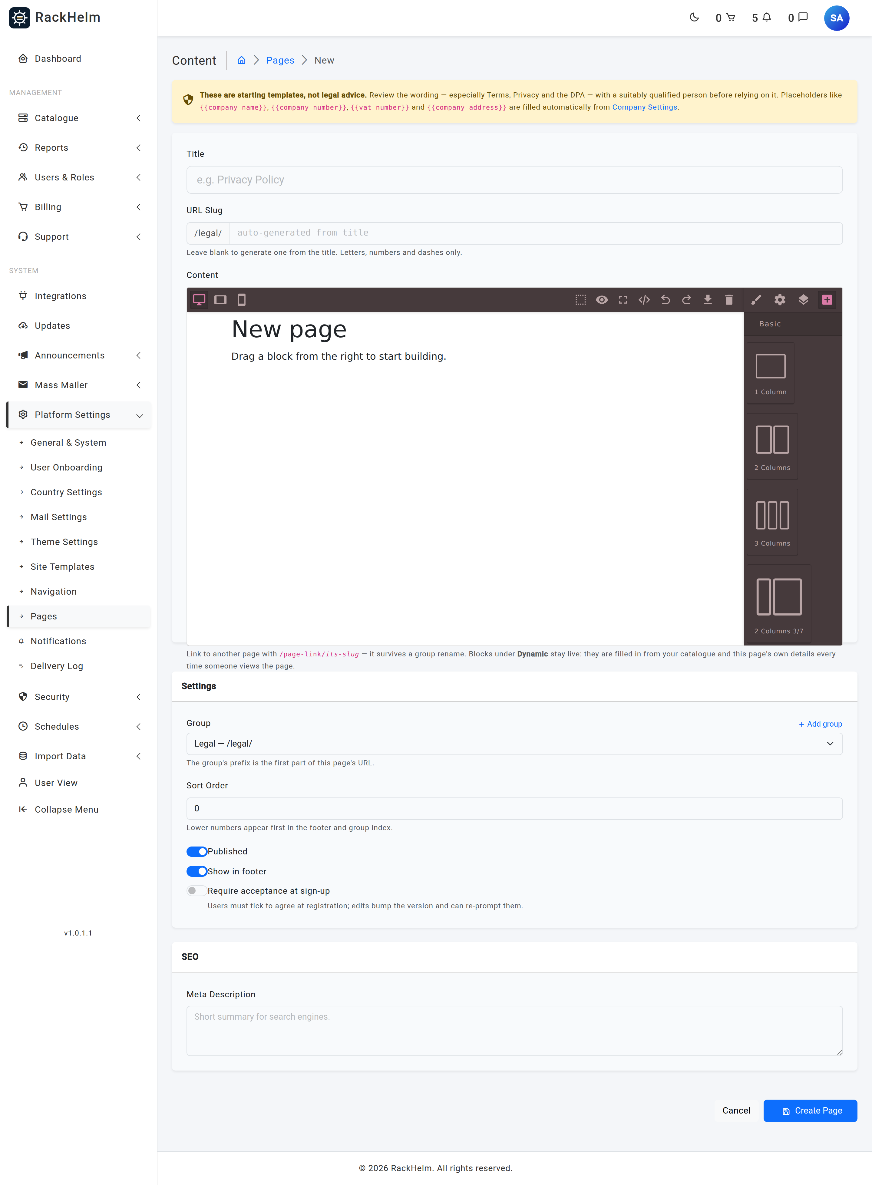 The page editor with the visual builder open, showing the block palette, canvas and style manager