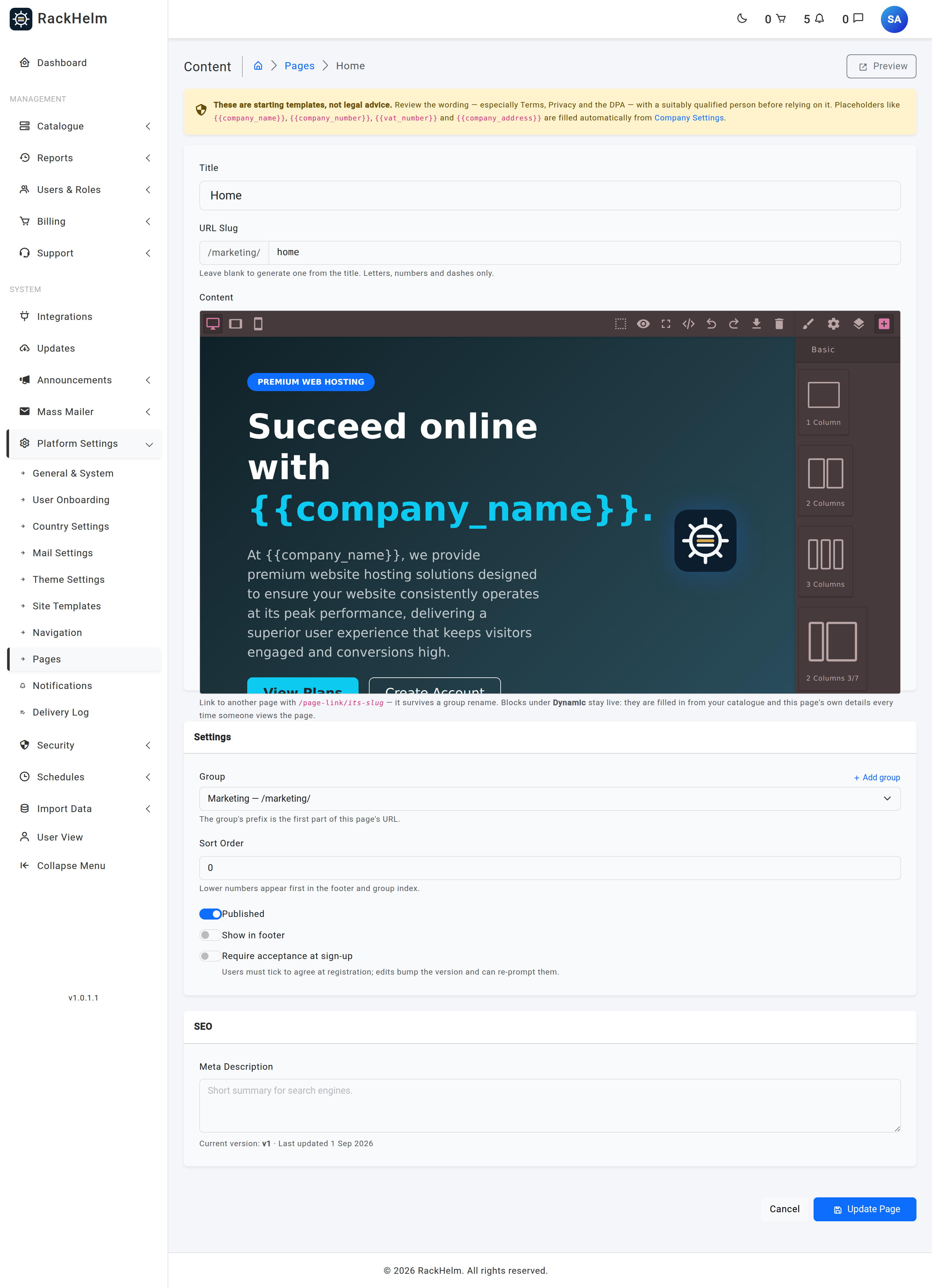 The dashed blue Dynamic block placeholder for the product pricing grid inside the builder canvas