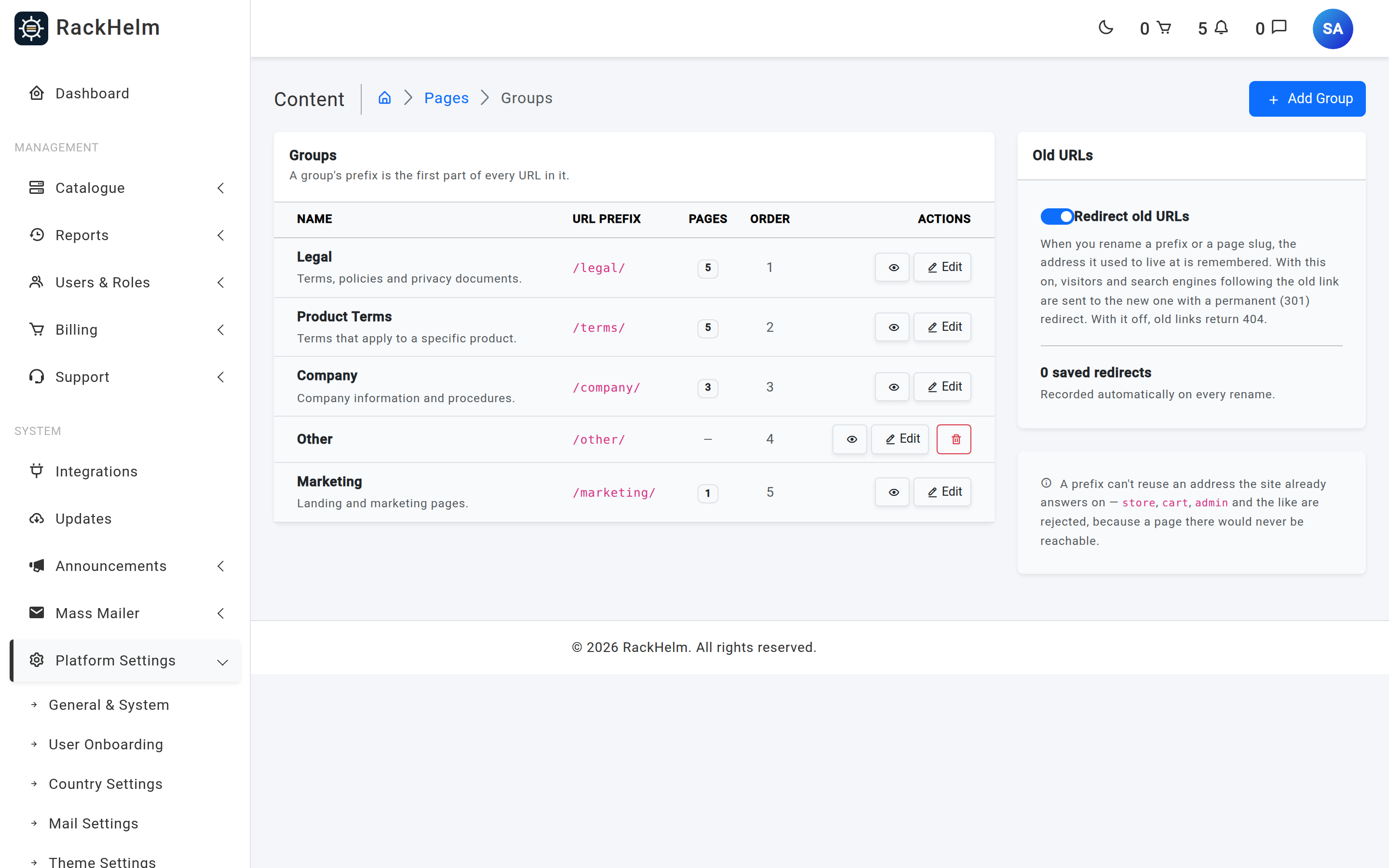The Page Groups screen listing groups with their URL prefixes and page counts, and the Old URLs card beside it