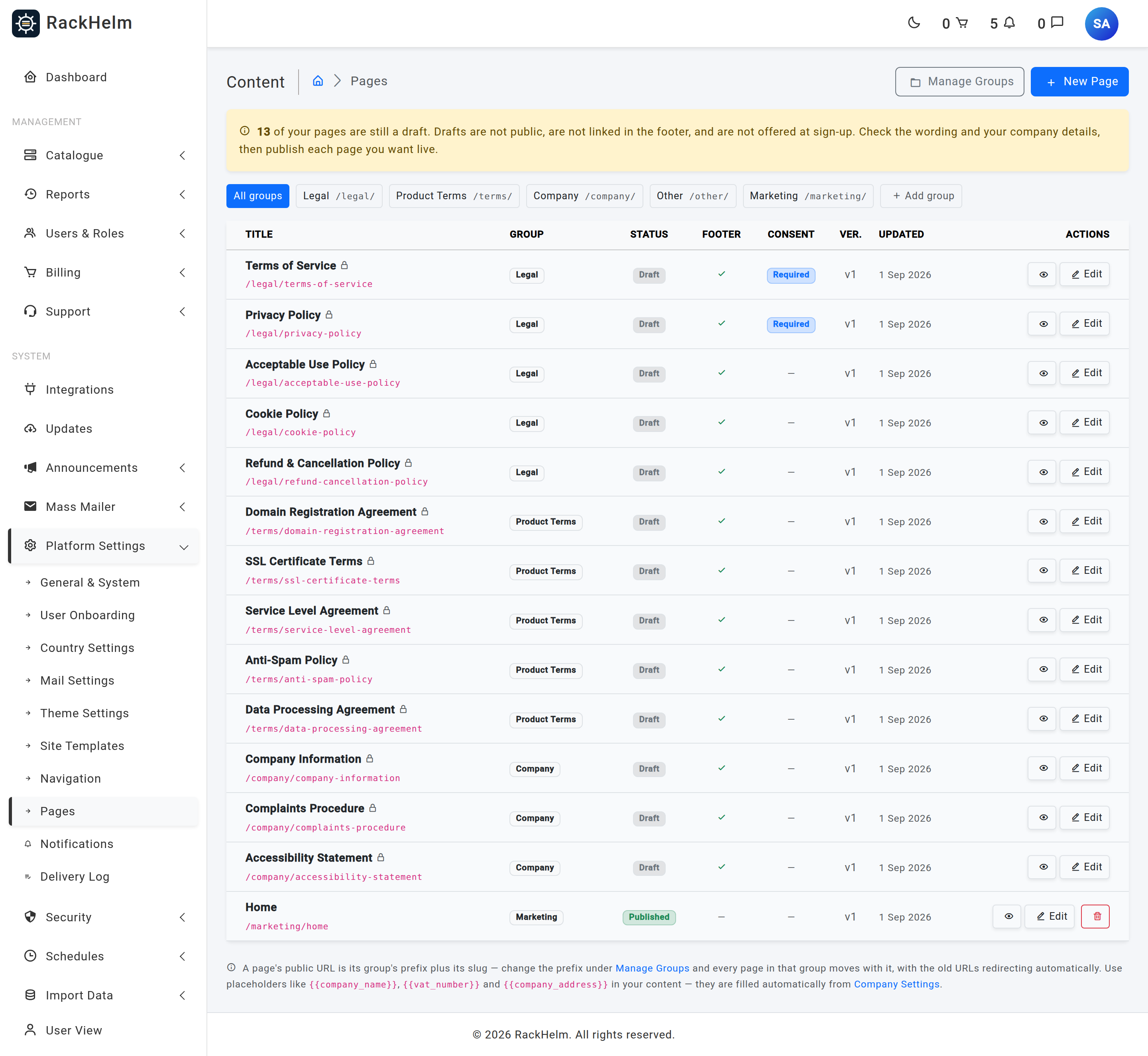 The Pages index listing content pages with group, status, footer, consent and version columns