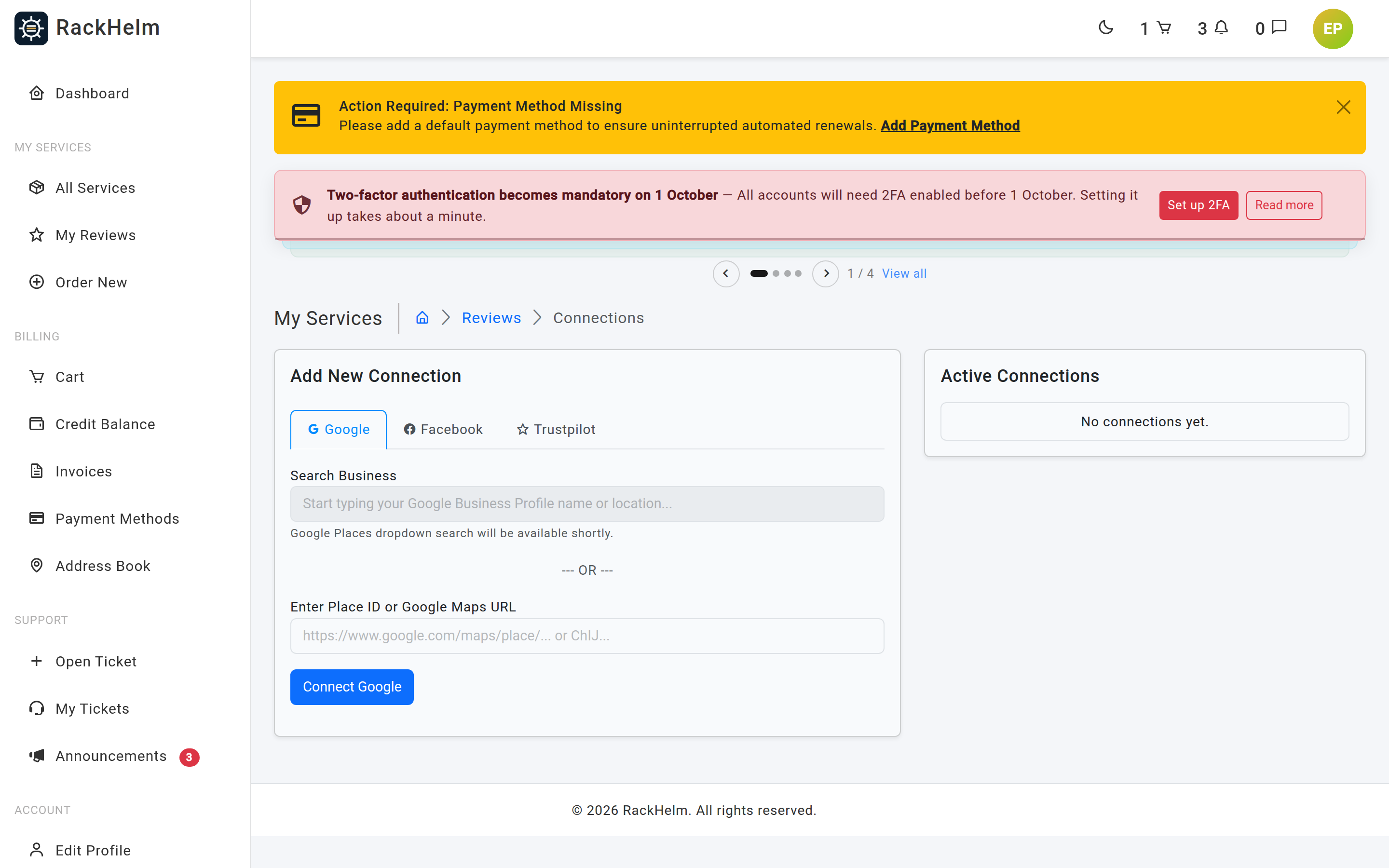The customer Manage Review Connections screen with Google, Facebook and Trustpilot tabs