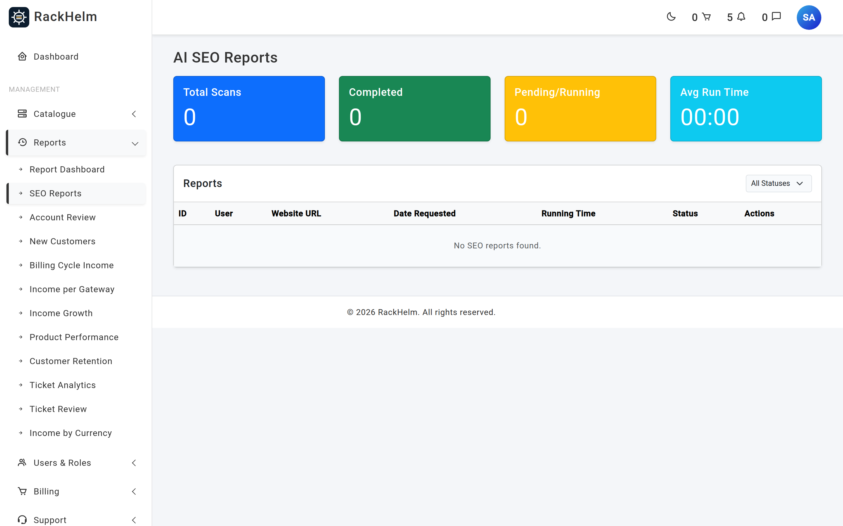 The admin SEO Reports list with summary cards, a status filter and a table of scans