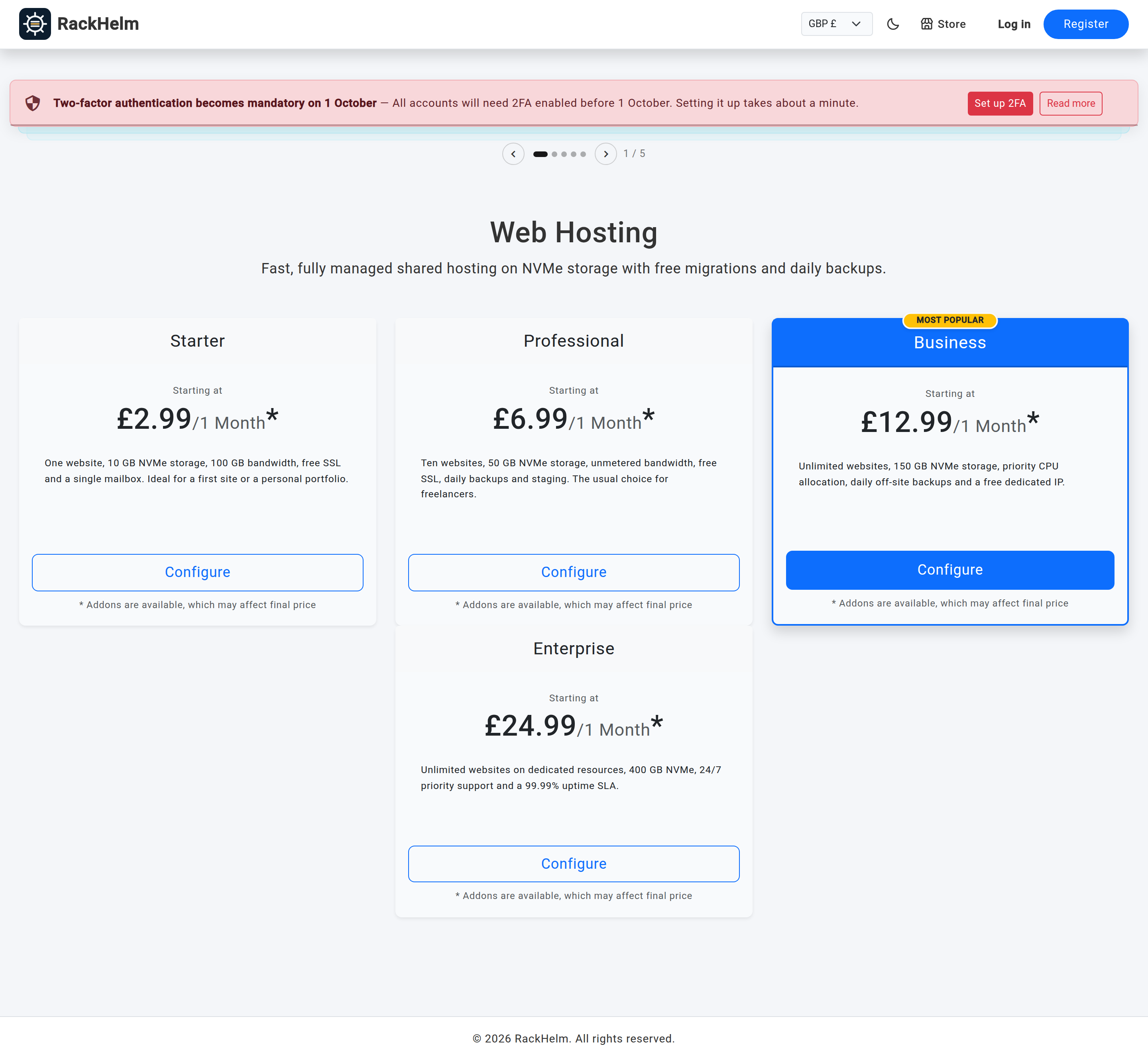 A product group page showing product cards with prices and order buttons