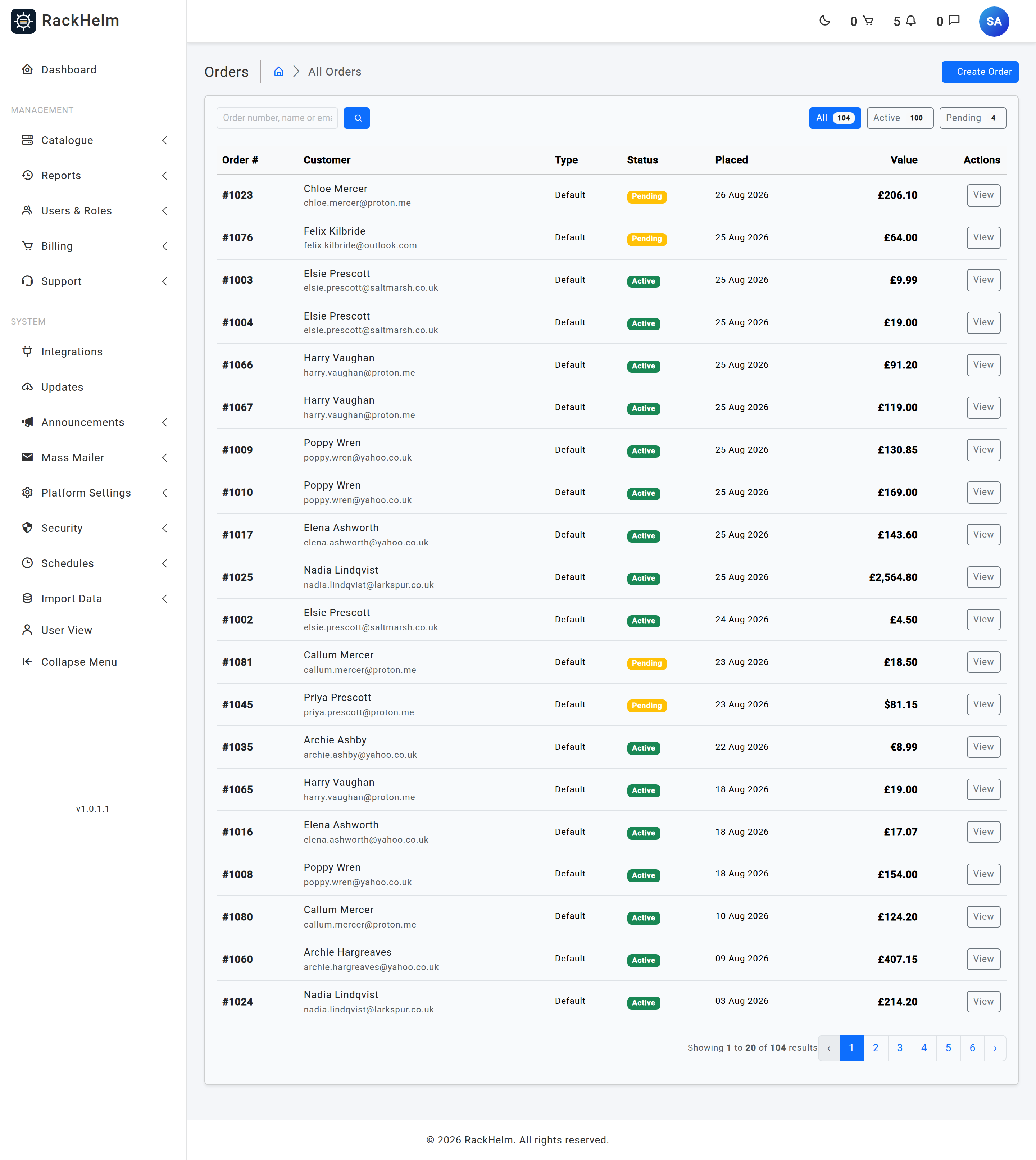 The staff Orders list showing order numbers, customers, statuses and totals
