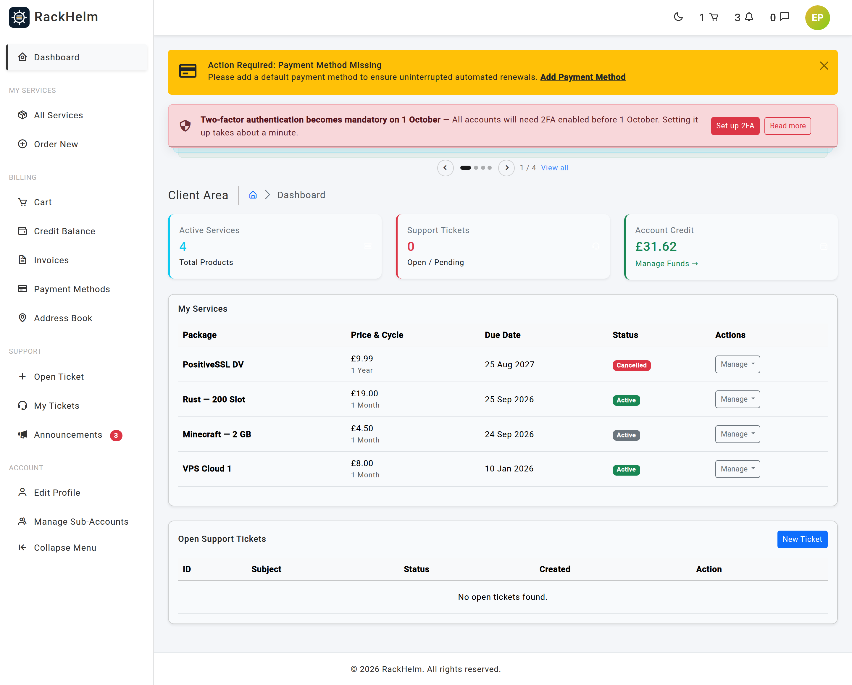 The customer sidebar showing the My Services, Billing, Support and Account sections