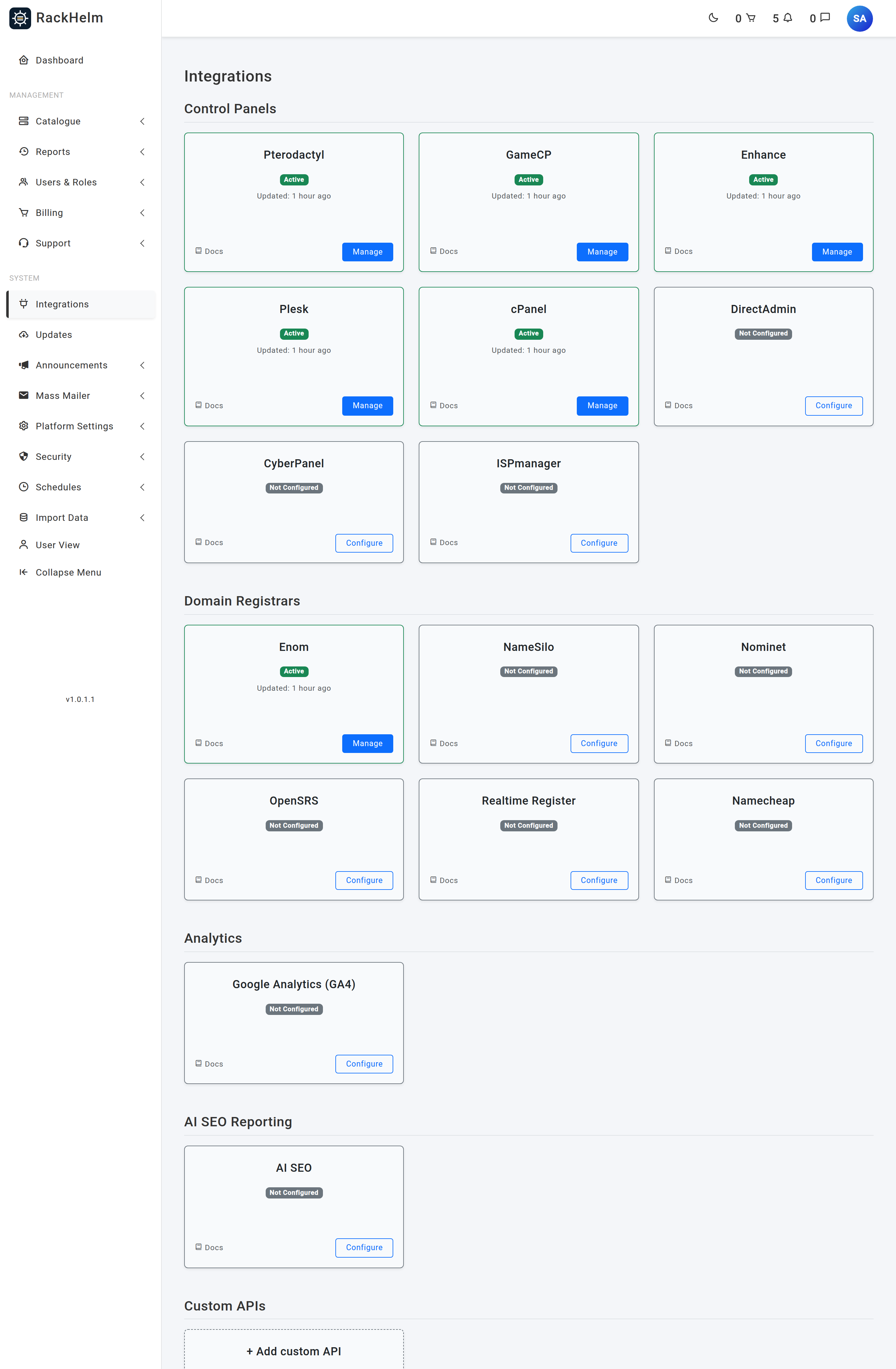 The Integrations screen showing panel cards grouped by category