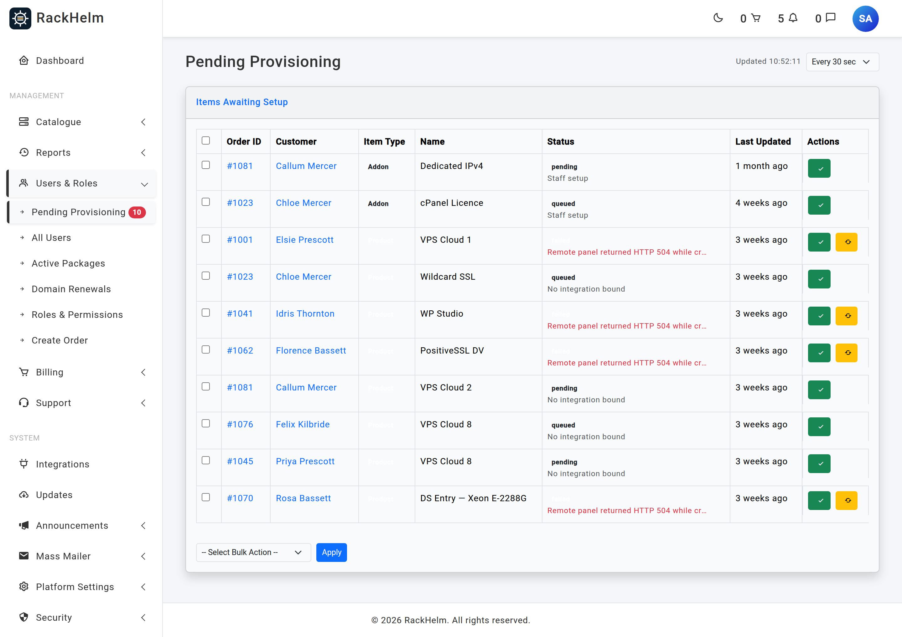 The Pending Provisioning screen listing order items awaiting or failing provisioning