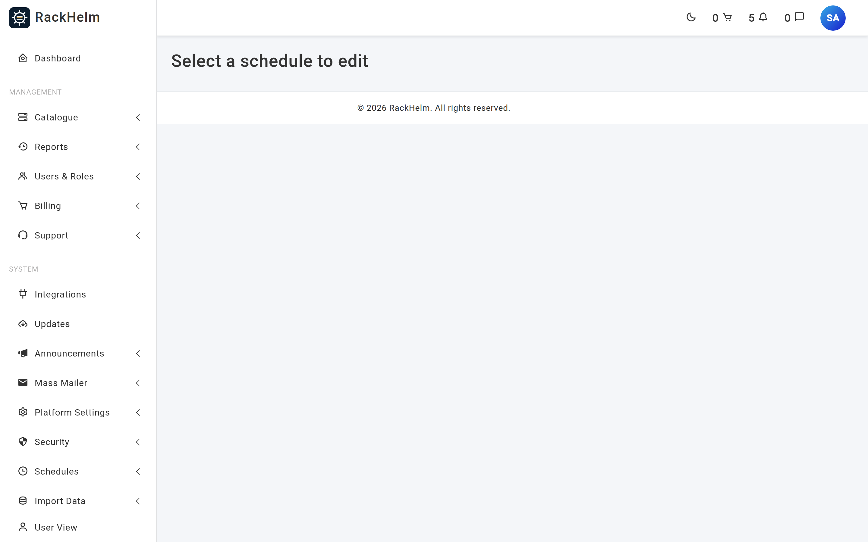 The System Schedules list showing each recurring job with its enabled state and cron timing