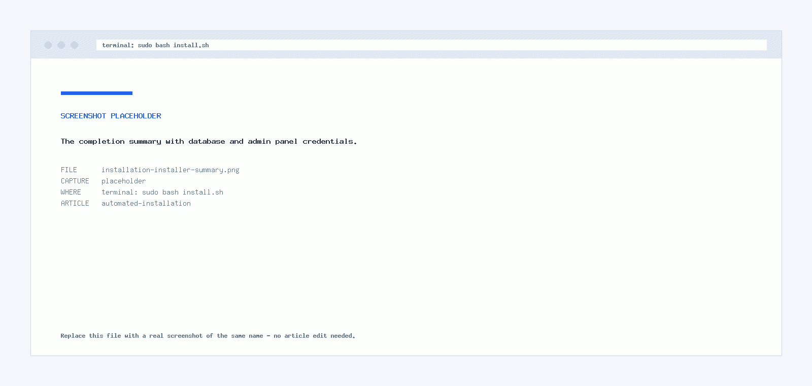 Terminal showing the Installation Completed Successfully banner with database and admin panel credentials