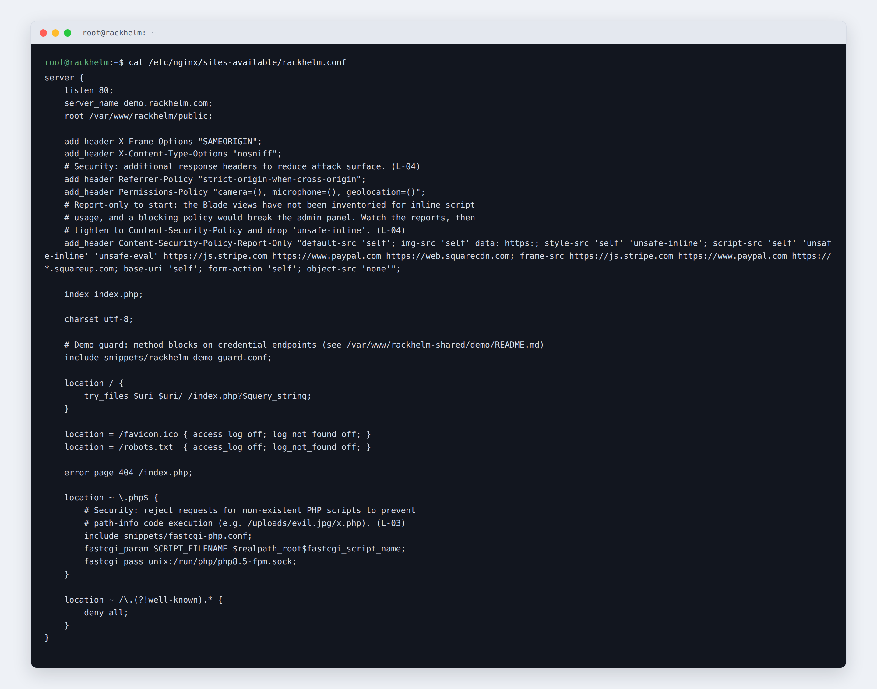 Terminal showing the generated rackhelm.conf nginx server block