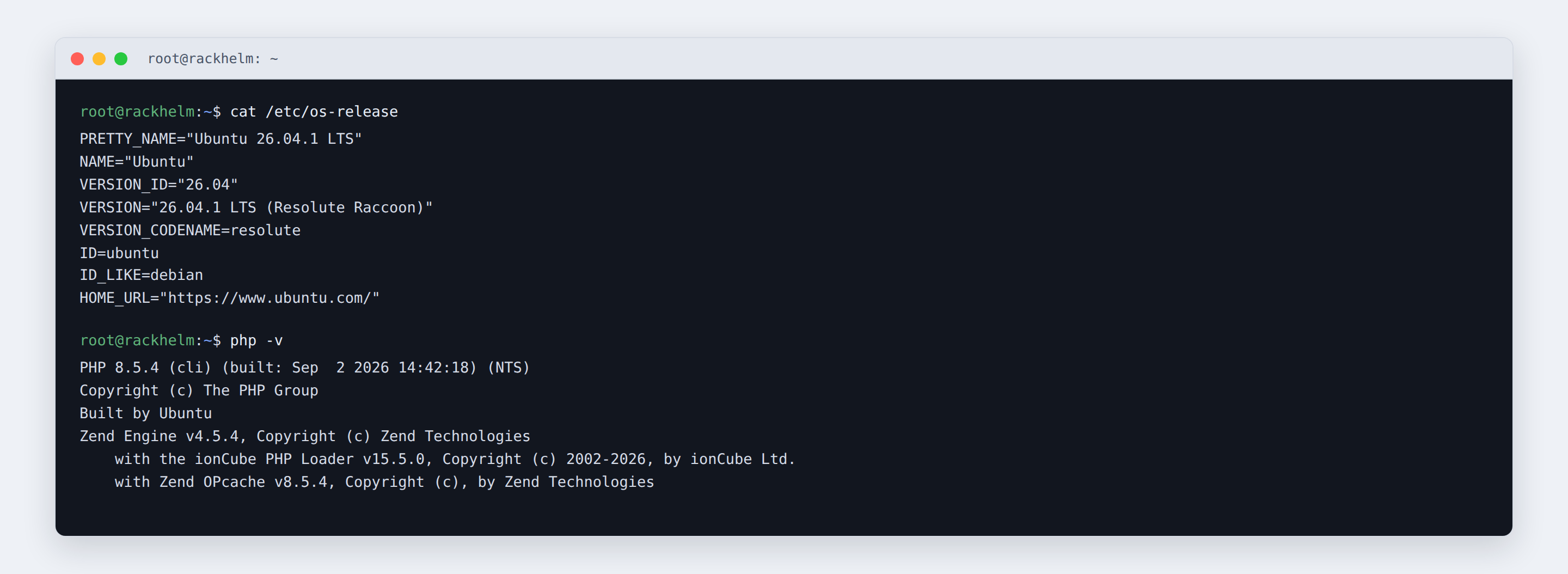Terminal session showing the operating system release and PHP version on a freshly prepared server