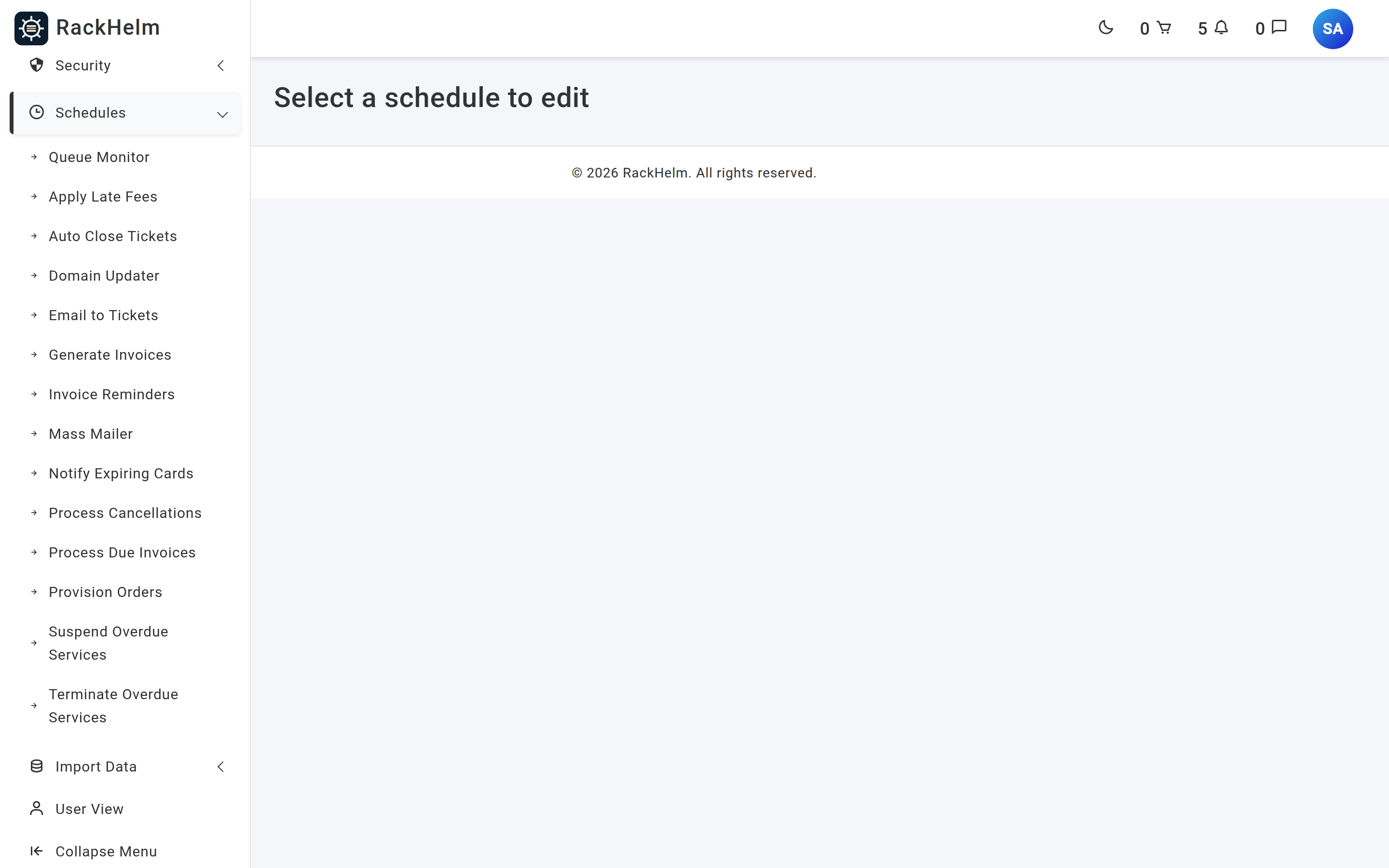 The Schedules menu expanded in the admin sidebar, listing each seeded schedule by name