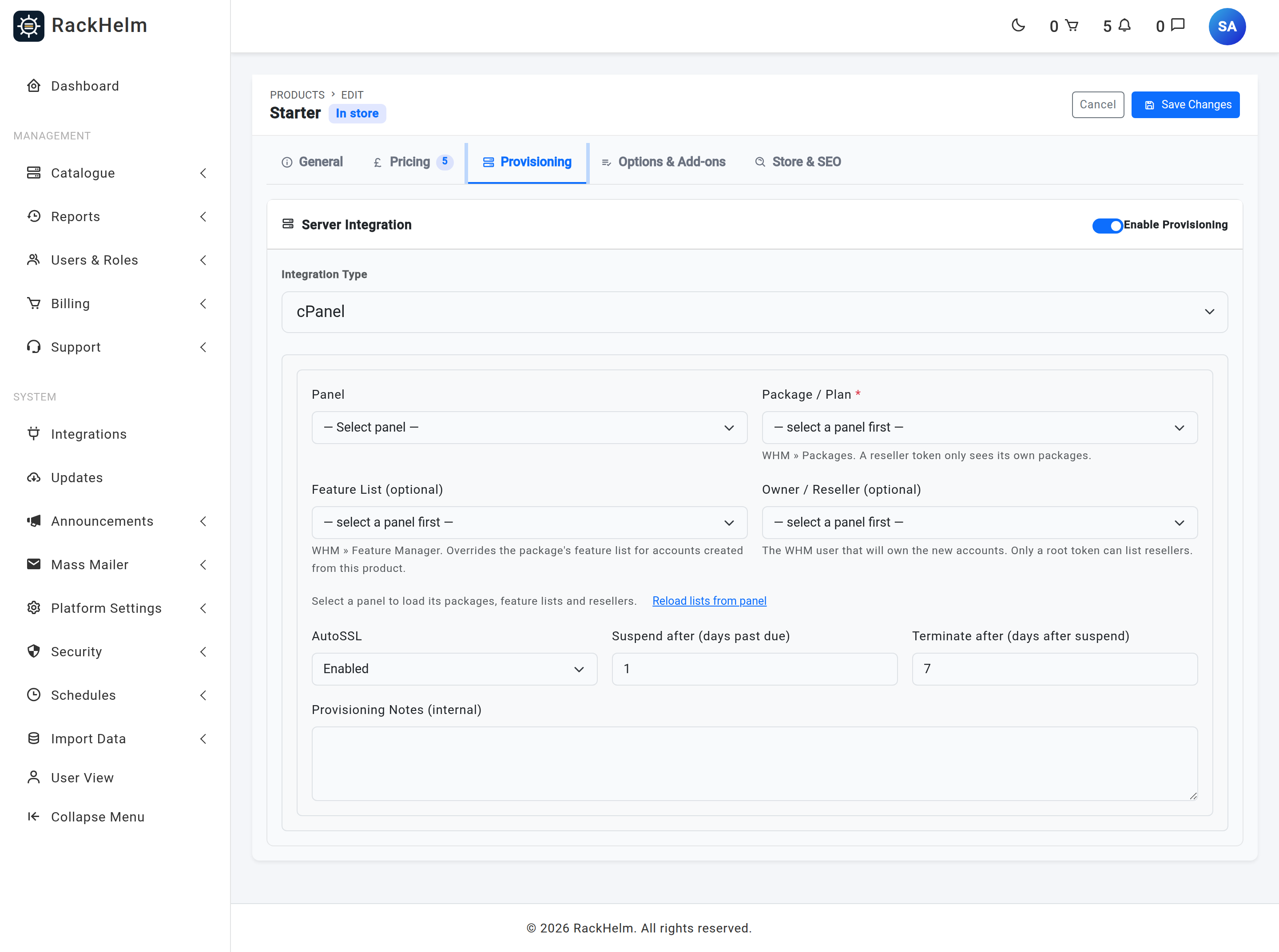 The cPanel block on a product's Provisioning tab with Panel, Package / Plan, Feature List and Owner / Reseller dropdowns and the Reload lists from panel link