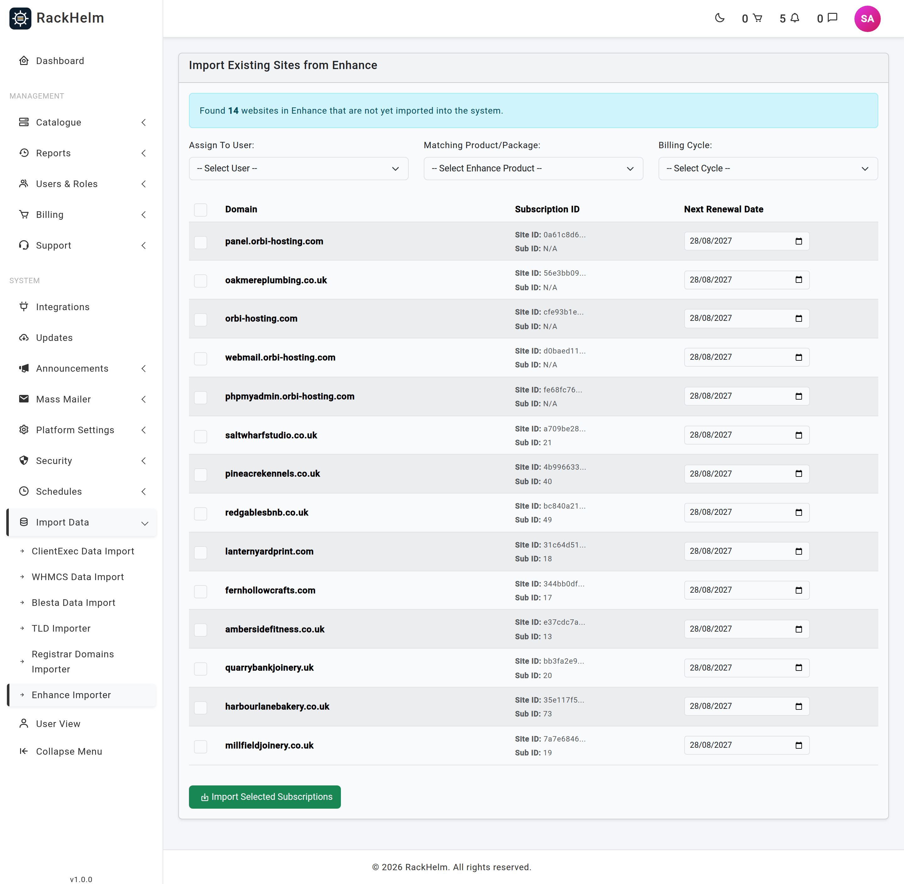 The Enhance importer listing discovered domains with tick boxes, subscription IDs and a renewal date picker