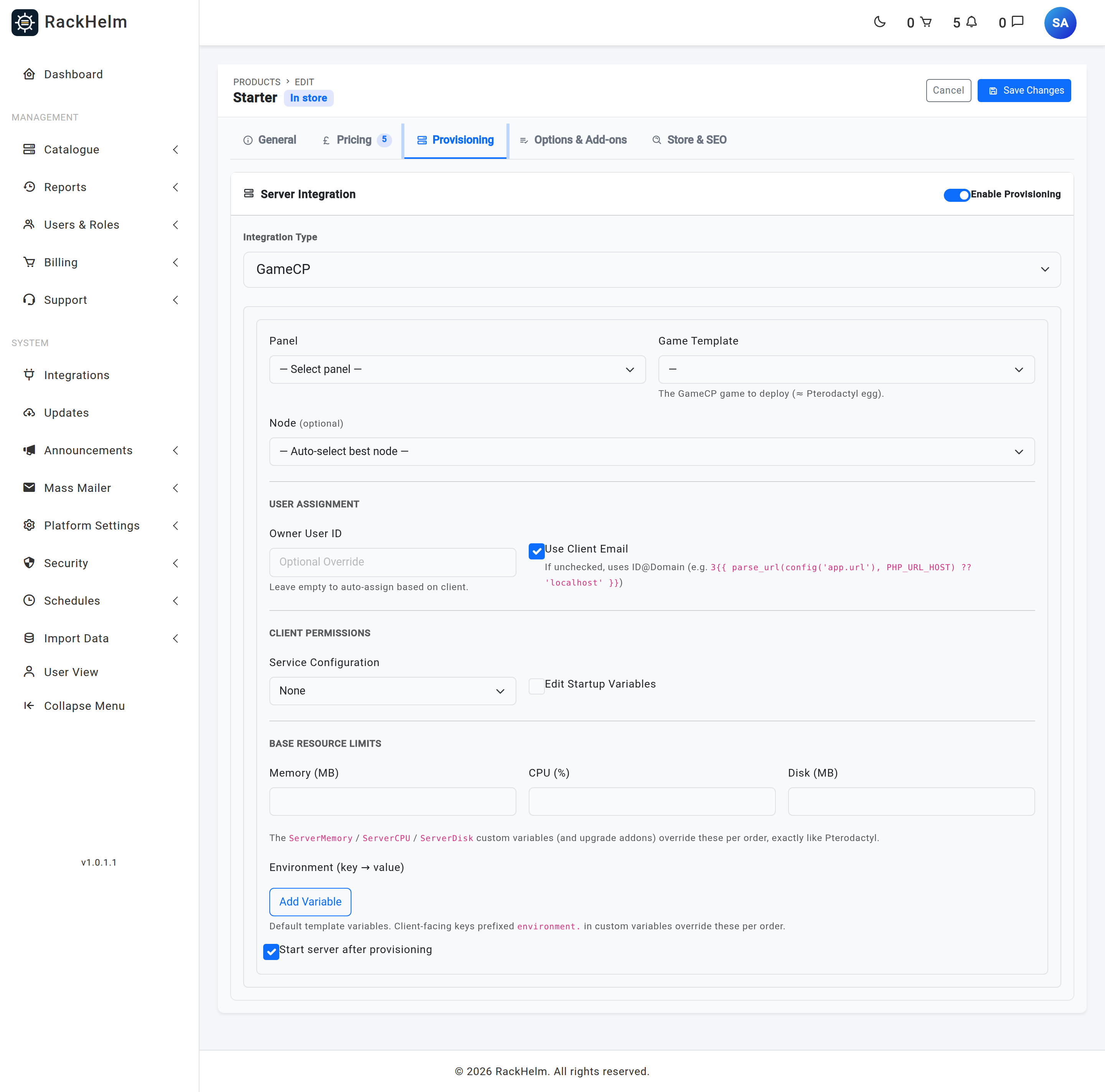 The GameCP section of a product's Provisioning tab showing Game Template, Node, client permissions, base resource limits and environment variables