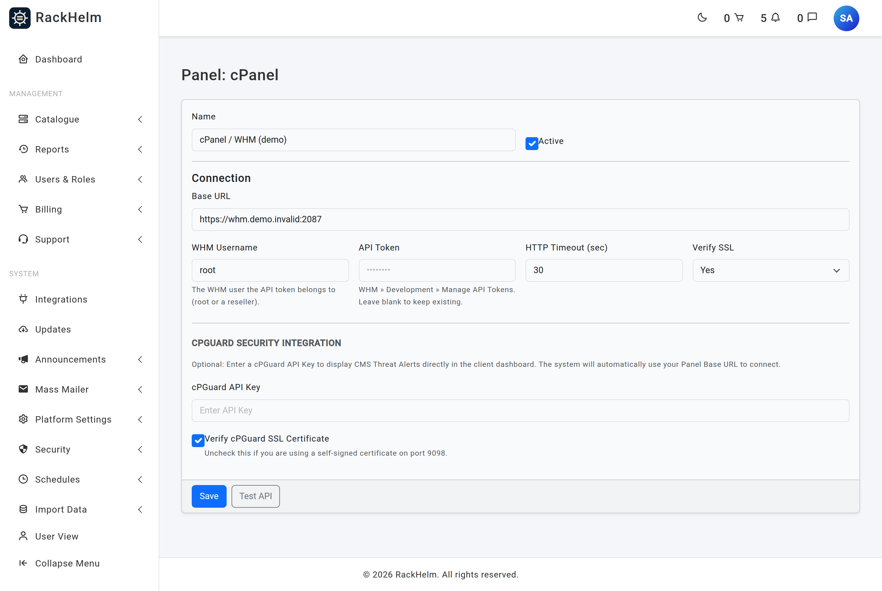 The cPanel panel form with Name, Active, Base URL, WHM Username, API Token, HTTP Timeout, Verify SSL and the cPGuard block