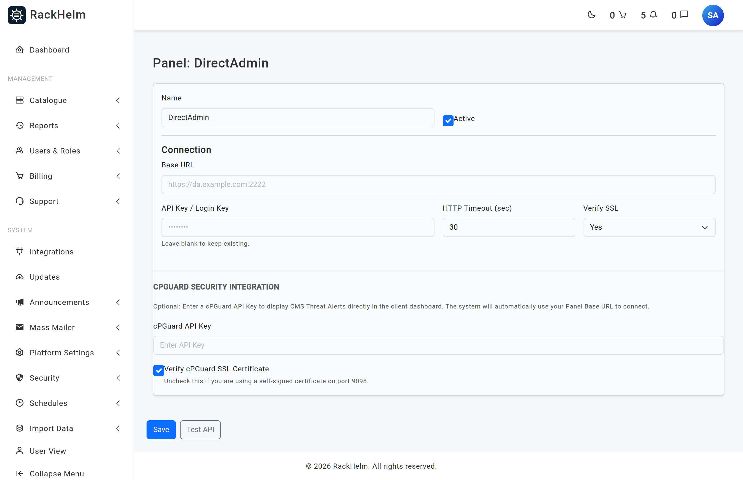 The DirectAdmin panel form with a 2222 port placeholder and an API Key / Login Key field