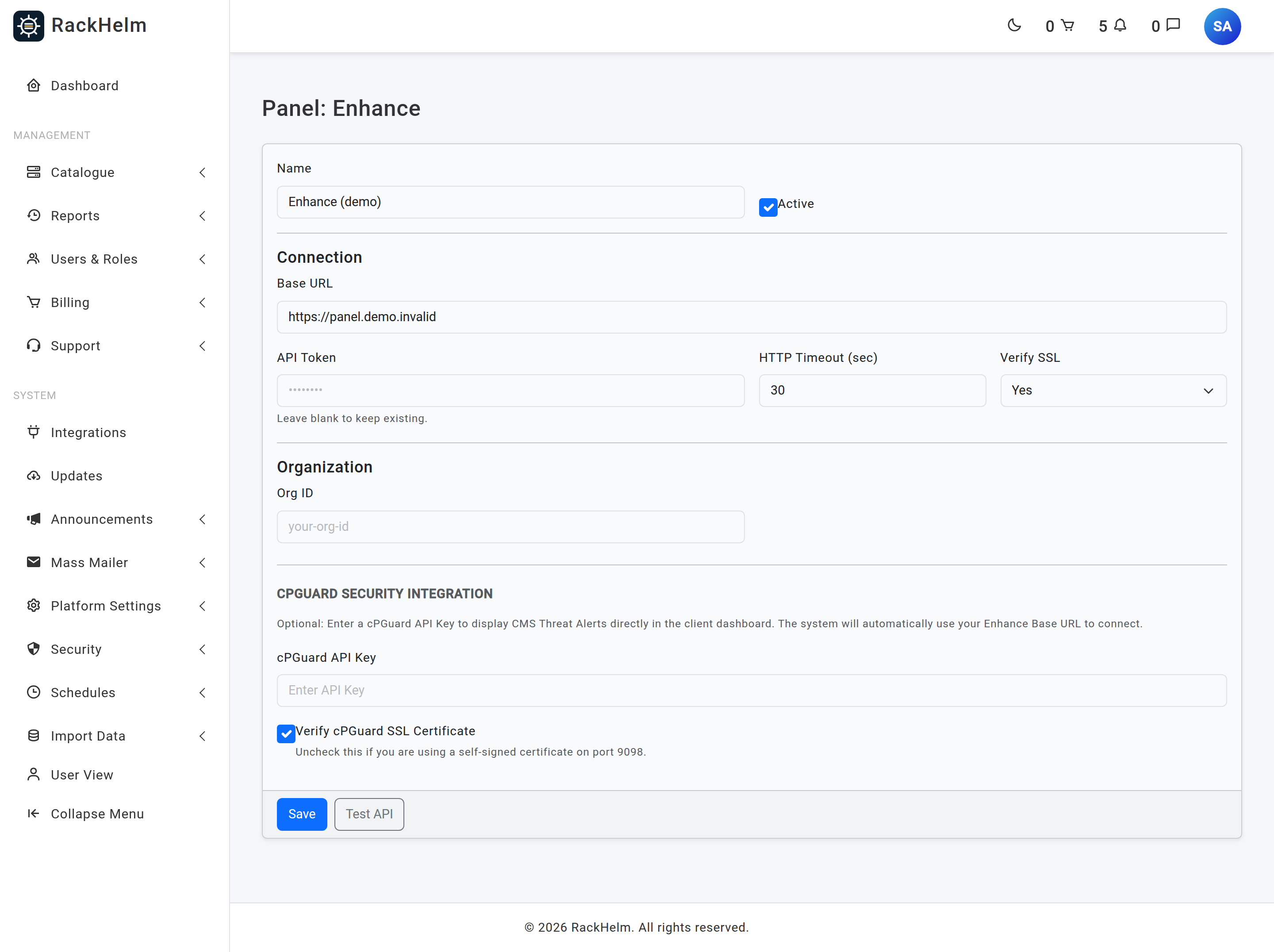 The Enhance panel form showing Base URL, API Token, HTTP Timeout, Verify SSL, an Organization section with Org ID, and the cPGuard block