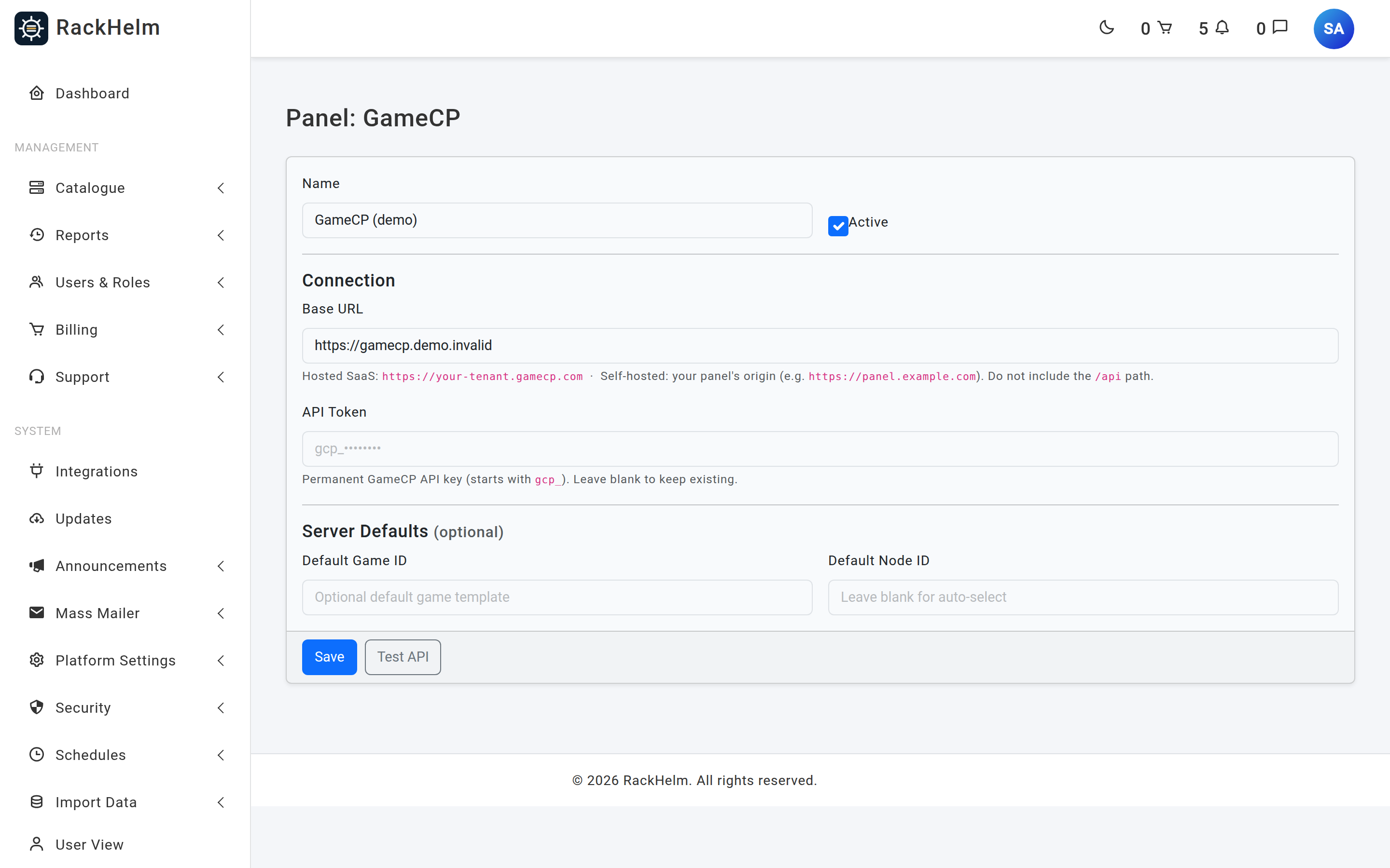 The GameCP panel form showing Base URL with hosted and self-hosted hints, an API Token field and optional Server Defaults
