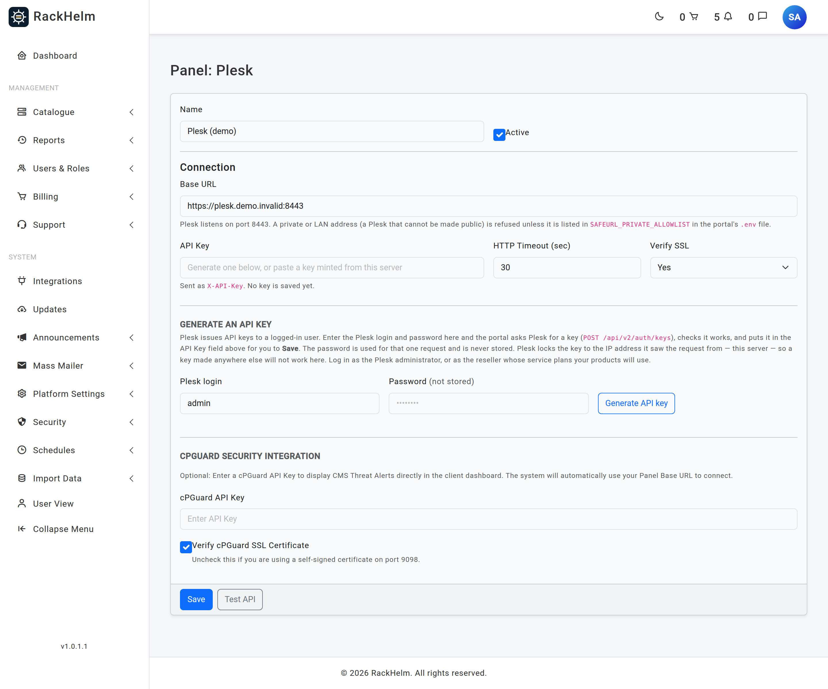 The Plesk panel form showing Base URL with an 8443 placeholder, the API Key field, HTTP Timeout and Verify SSL