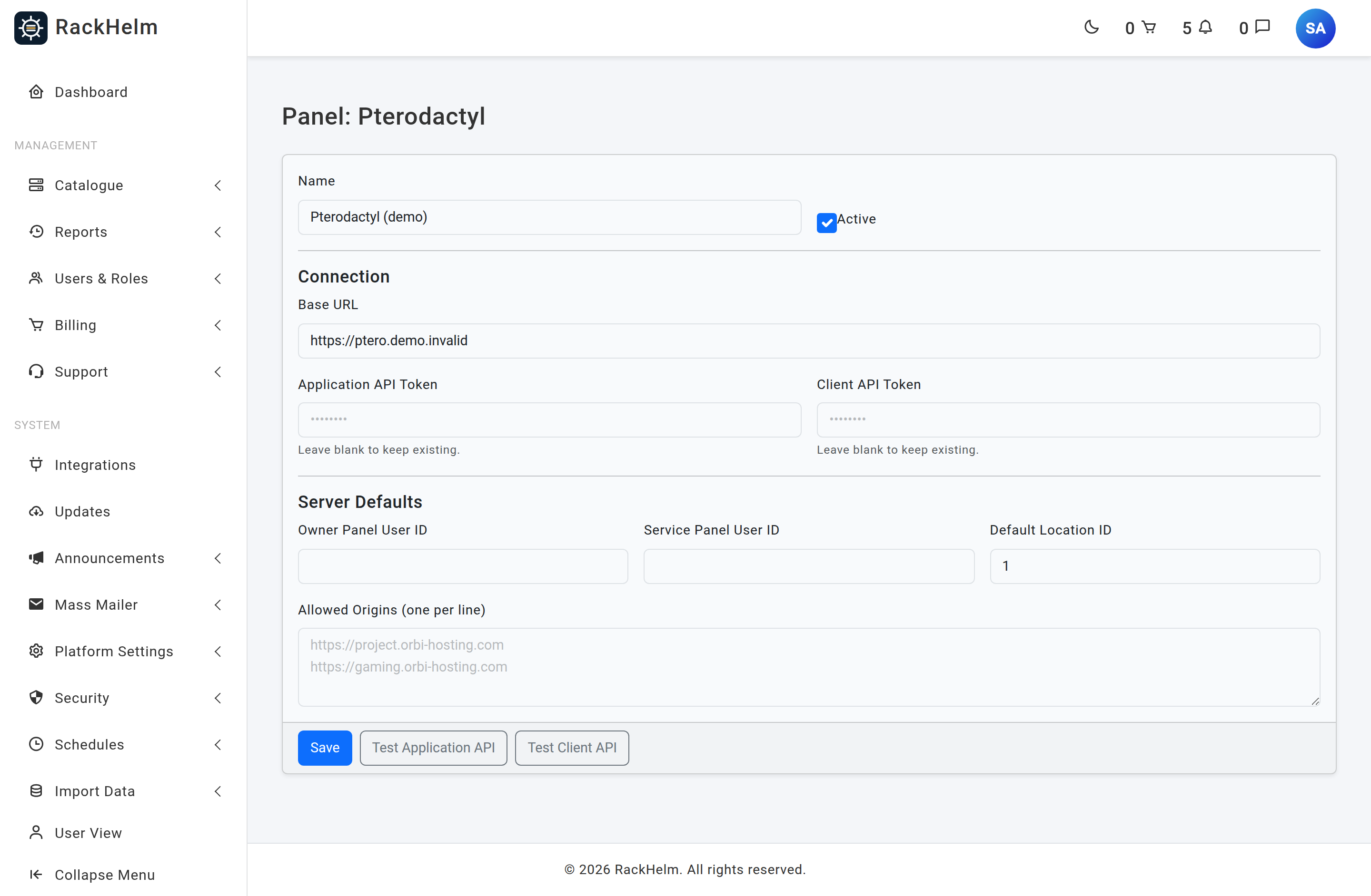 The Pterodactyl panel form with Base URL, Application API Token, Client API Token, Server Defaults and an Allowed Origins textarea