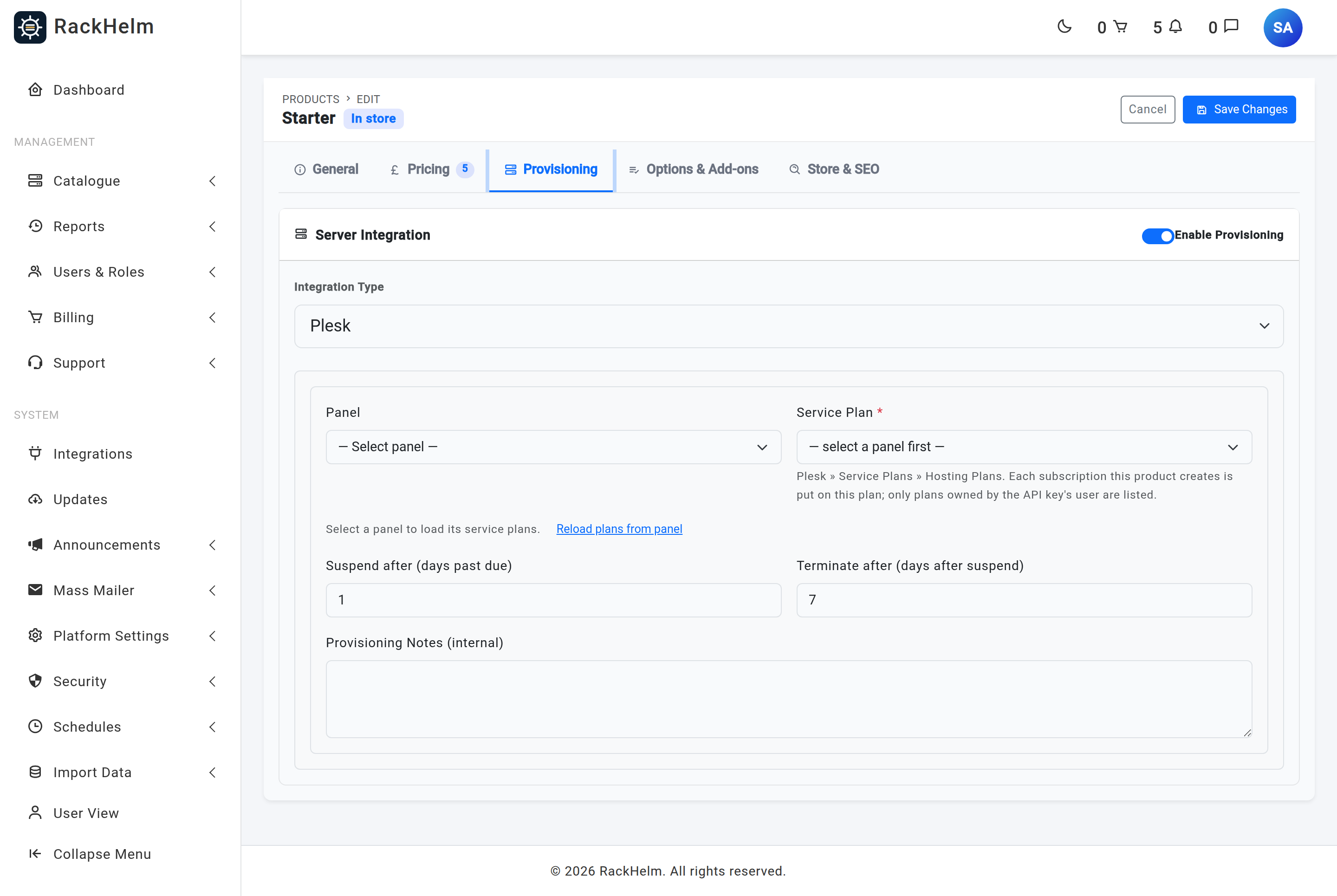The Plesk block on a product's Provisioning tab with Panel and Service Plan dropdowns and the Reload plans from panel link
