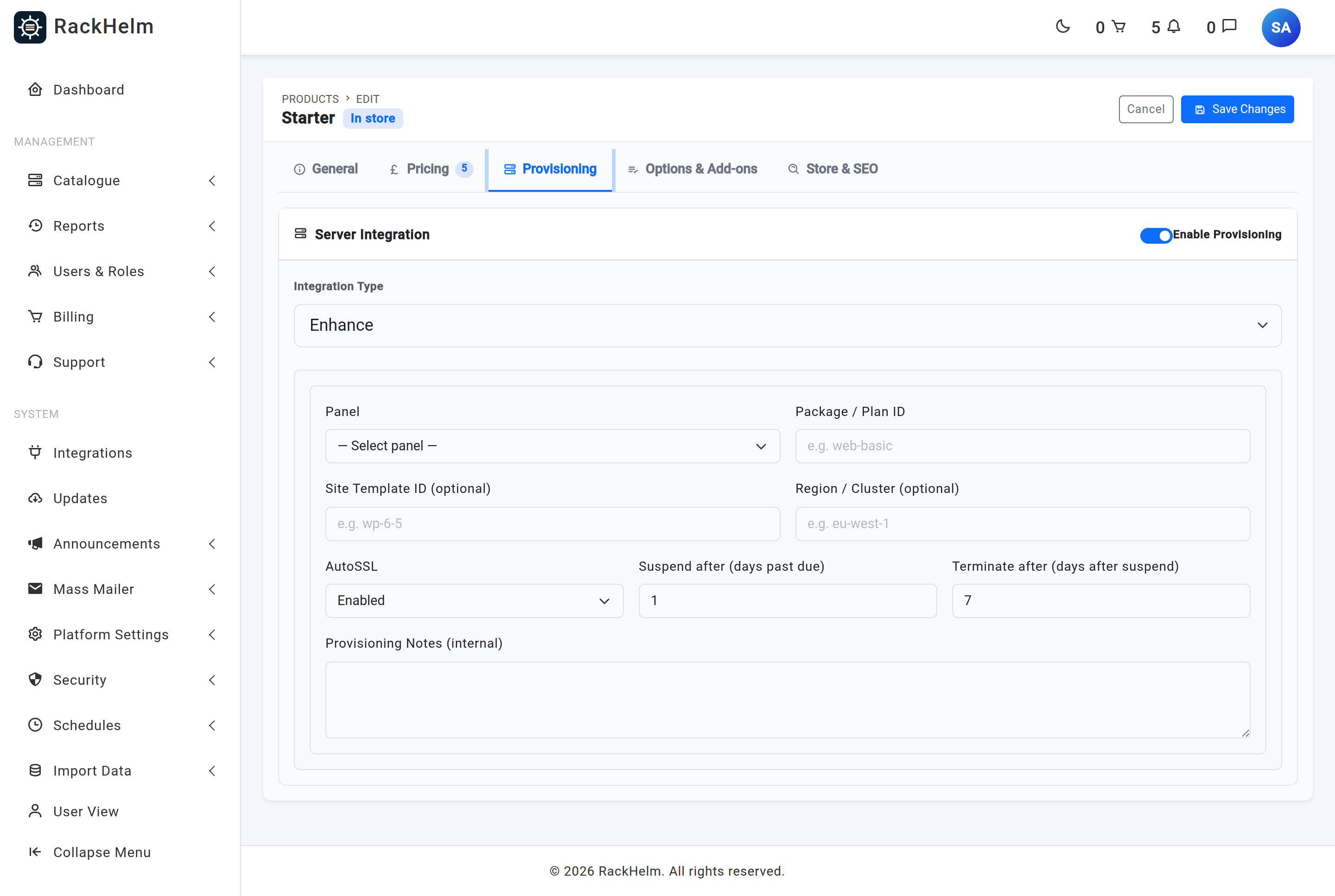 A product's Provisioning tab showing the Integration Type dropdown, the Enable Provisioning switch and the provider-specific settings below