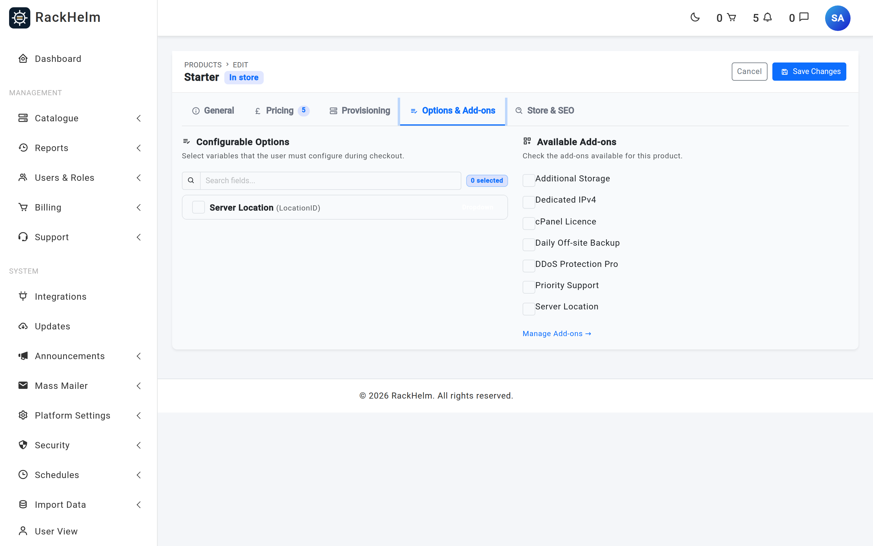 A product's Options and Add-ons tab, with Configurable Options on the left and a list of tickable Available Add-ons on the right