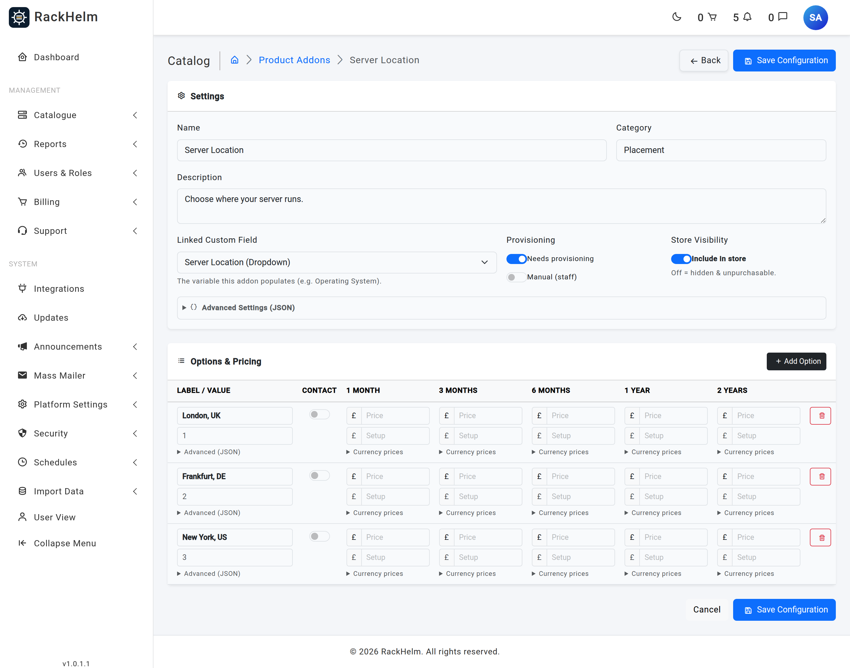 The Product Addon edit screen with Linked Custom Field set to a location field and option rows holding a label and a numeric value