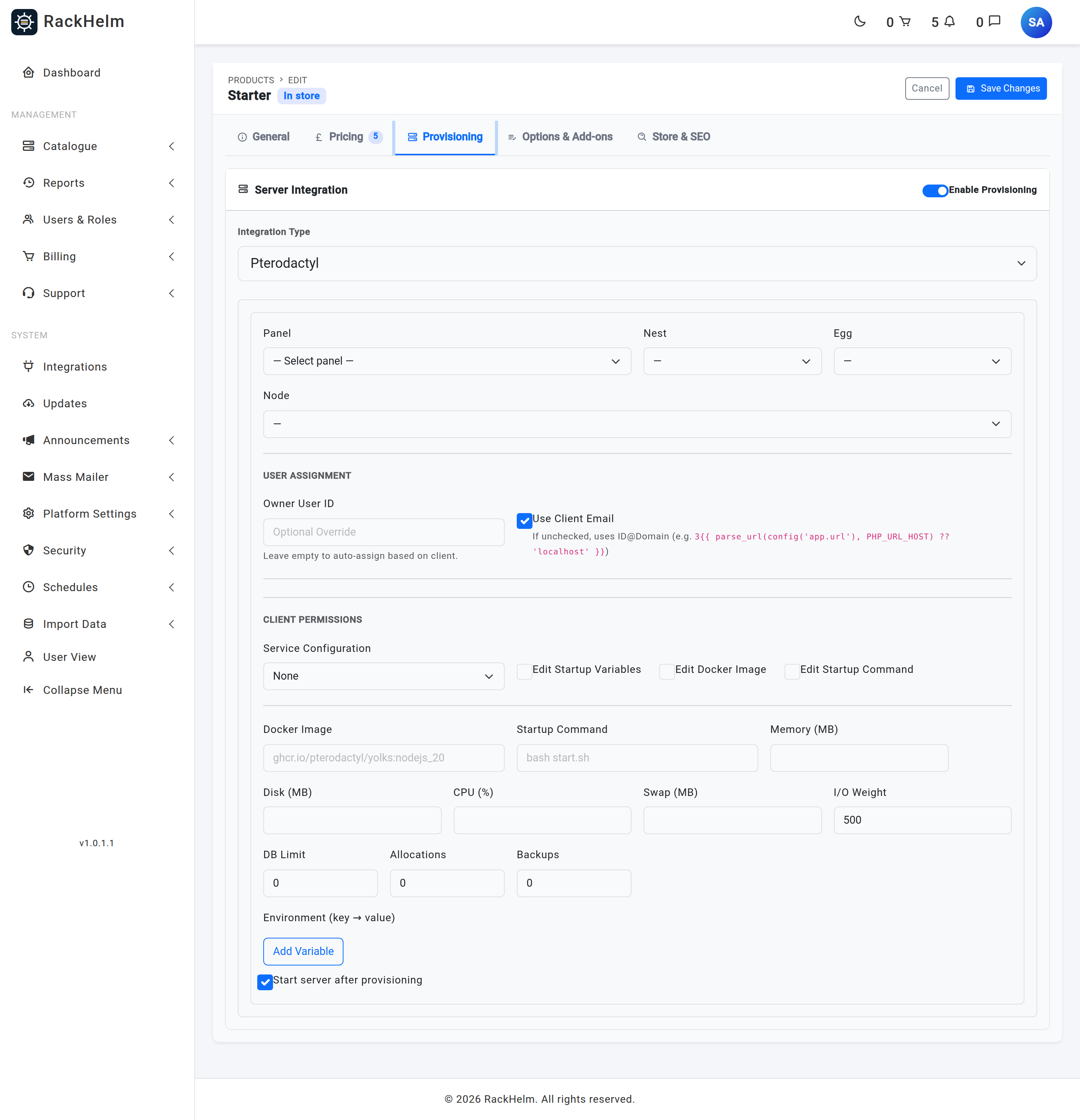 The Pterodactyl section of a product's Provisioning tab showing Nest, Egg and Node selectors, client permissions, resource limits and an environment variable list