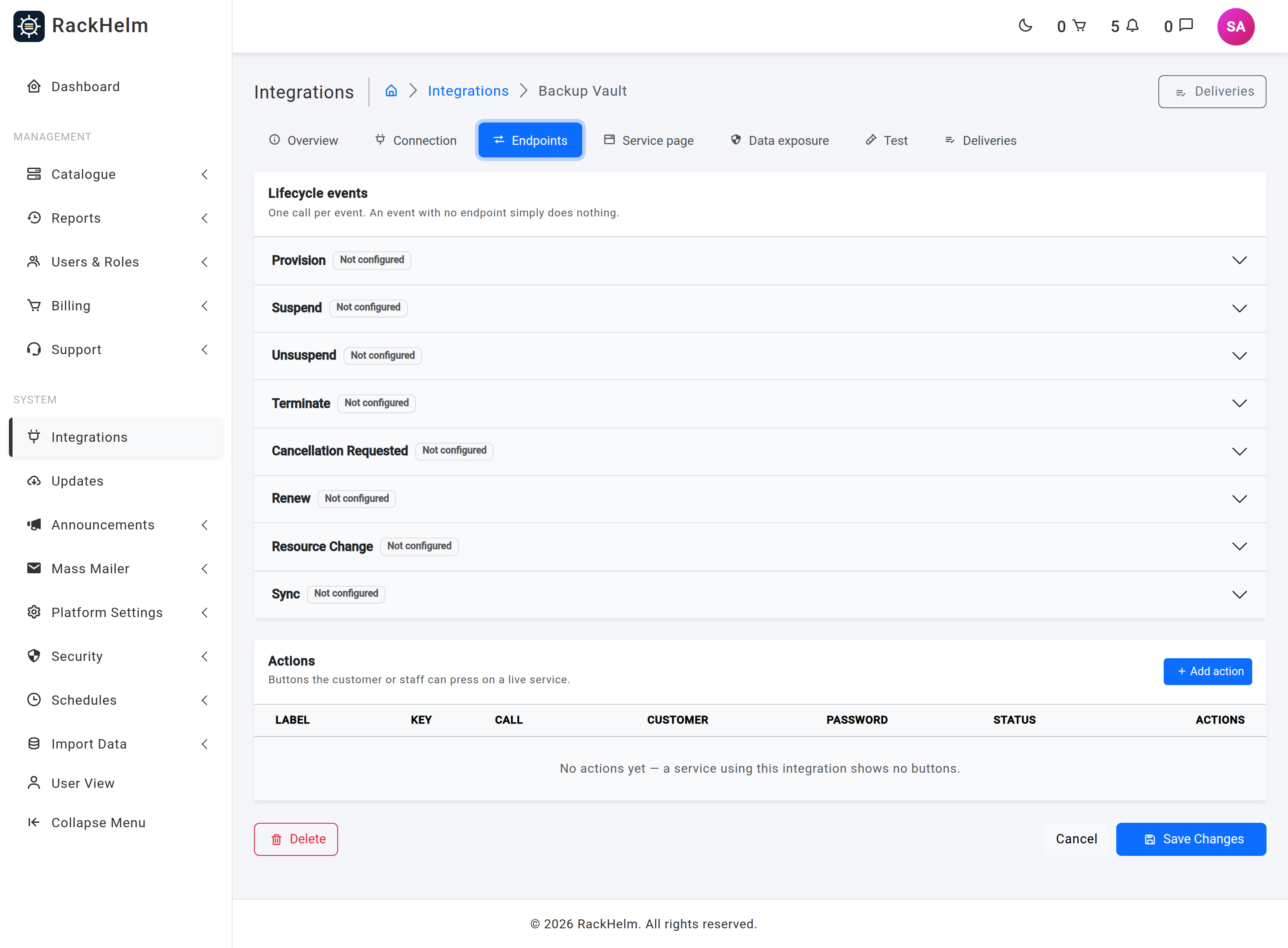 The Endpoints tab showing the lifecycle event accordion above the Actions table