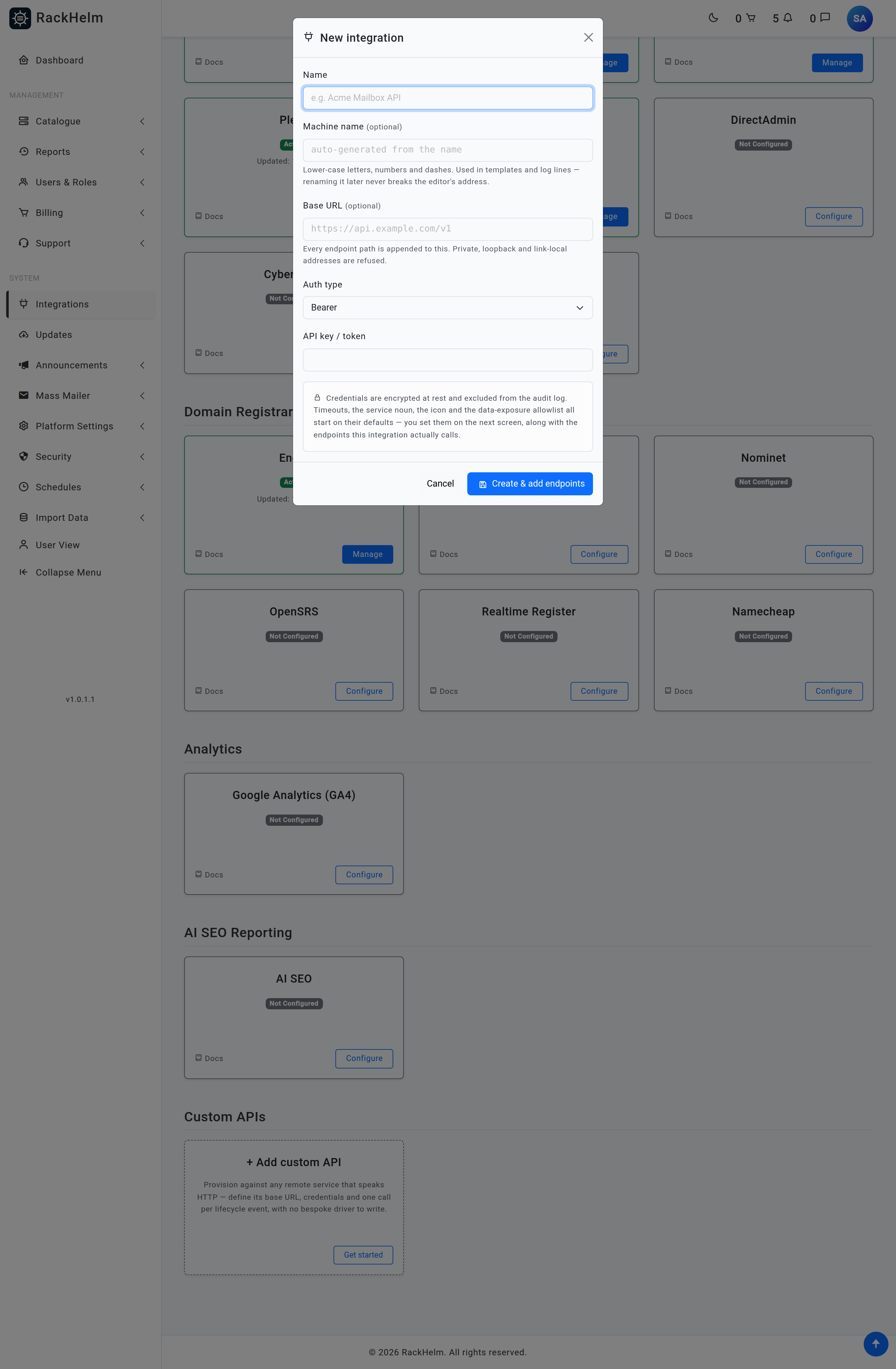 The New integration modal showing Name, Machine name, Base URL, Auth type and credential fields