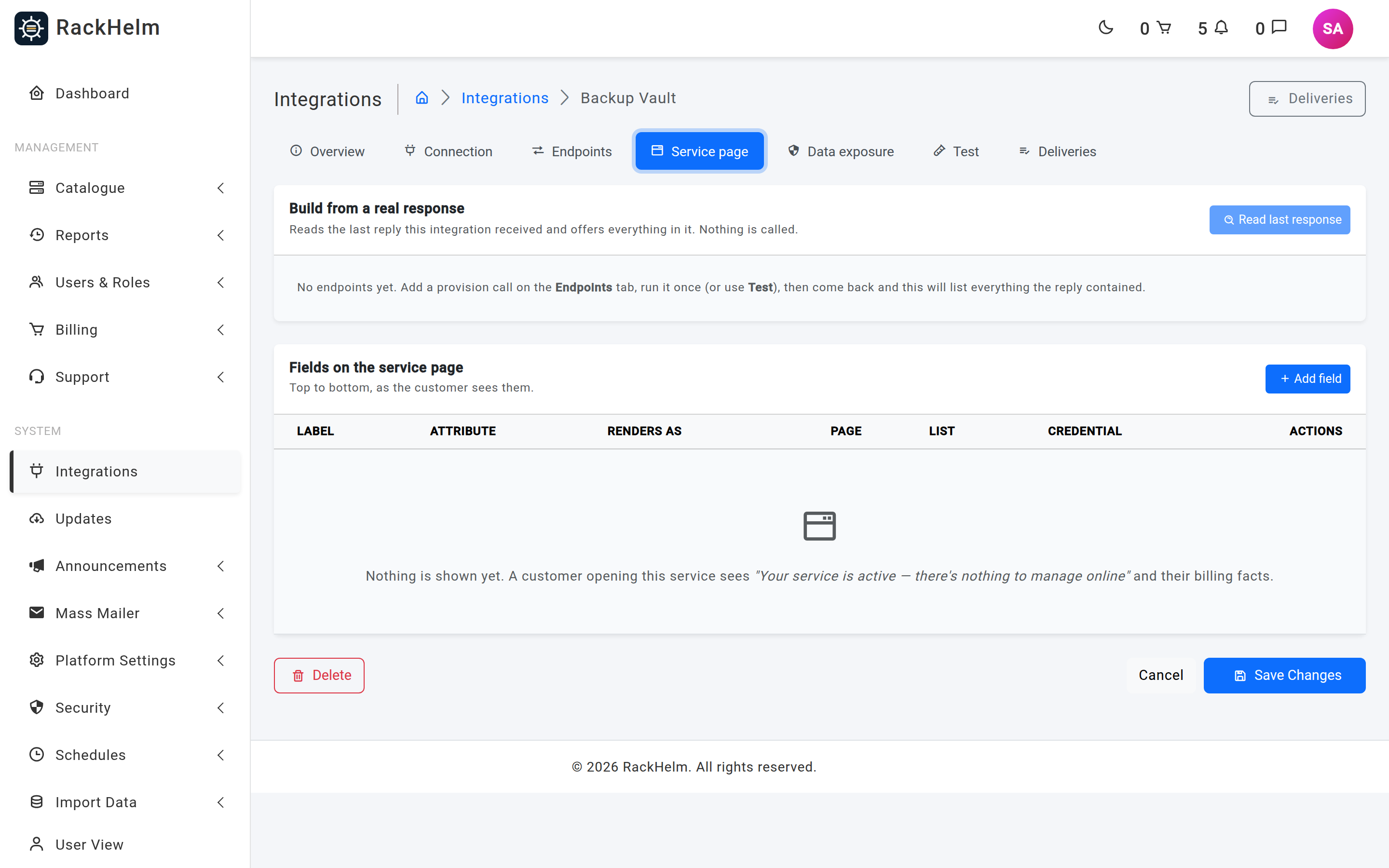 The Service page tab with a discovered path checklist showing path, sample, label, render type and credential columns
