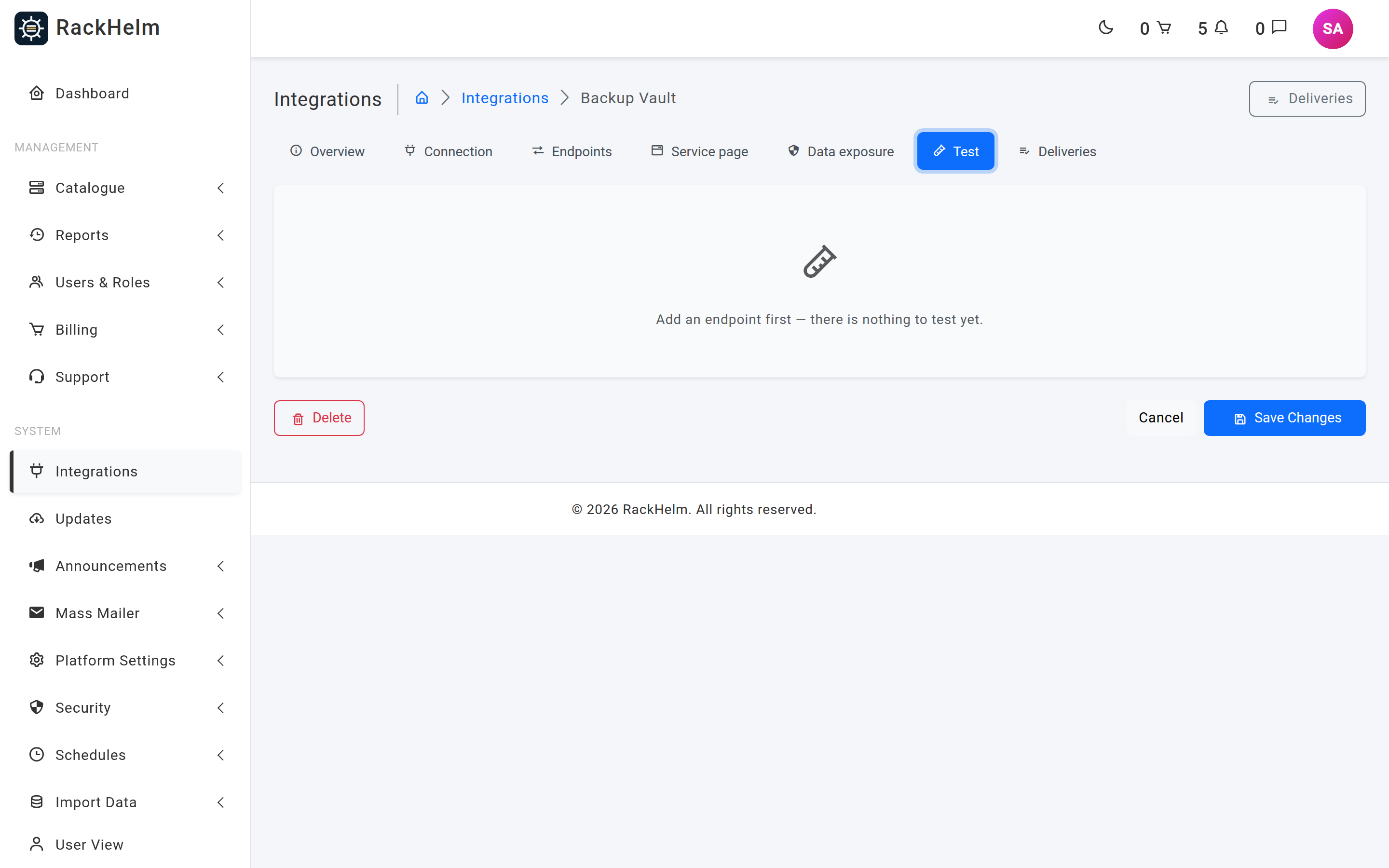 The Test tab with an endpoint and service selected and a rendered request shown on the right