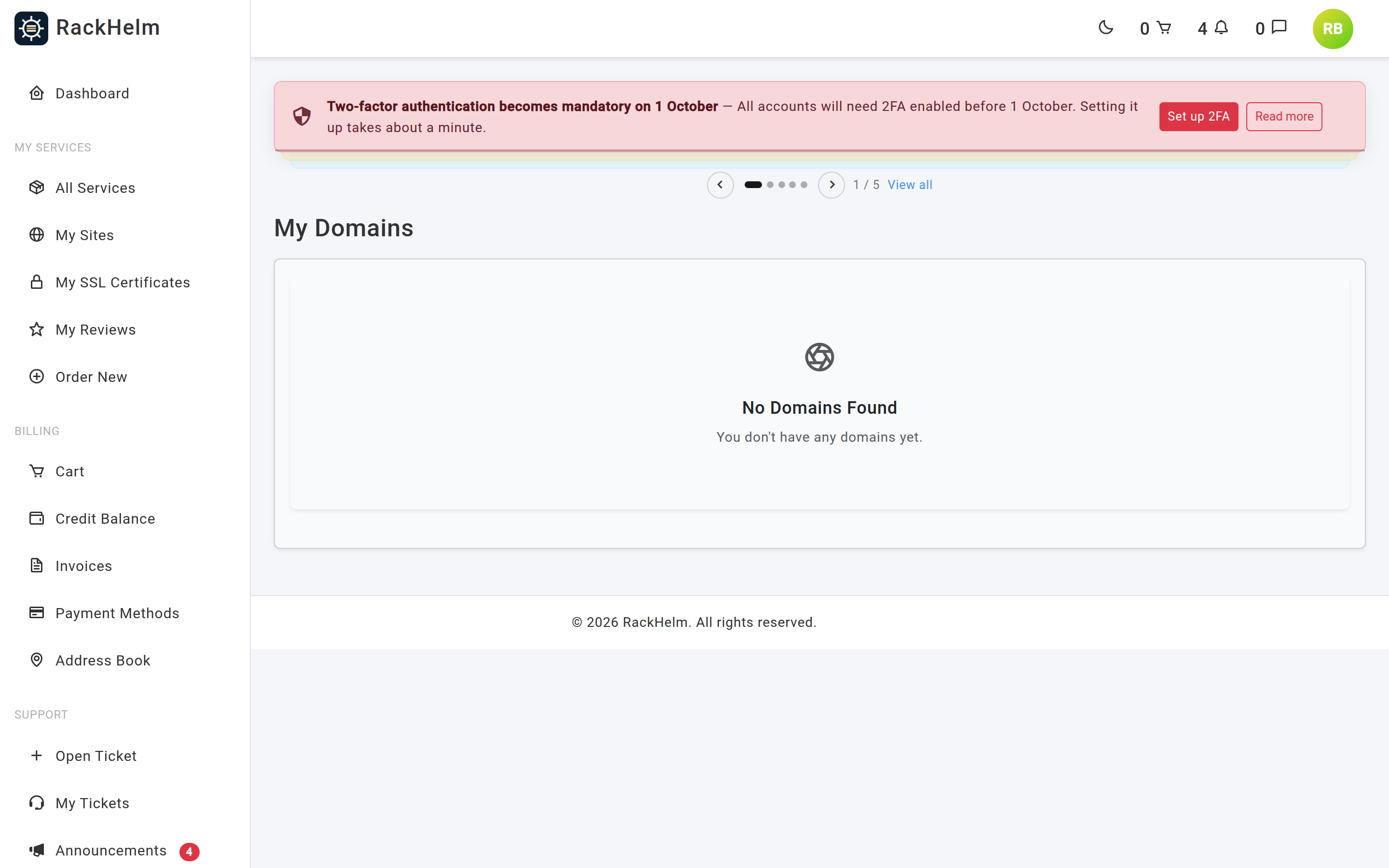 The My Domains list showing domain names, dates and status badges