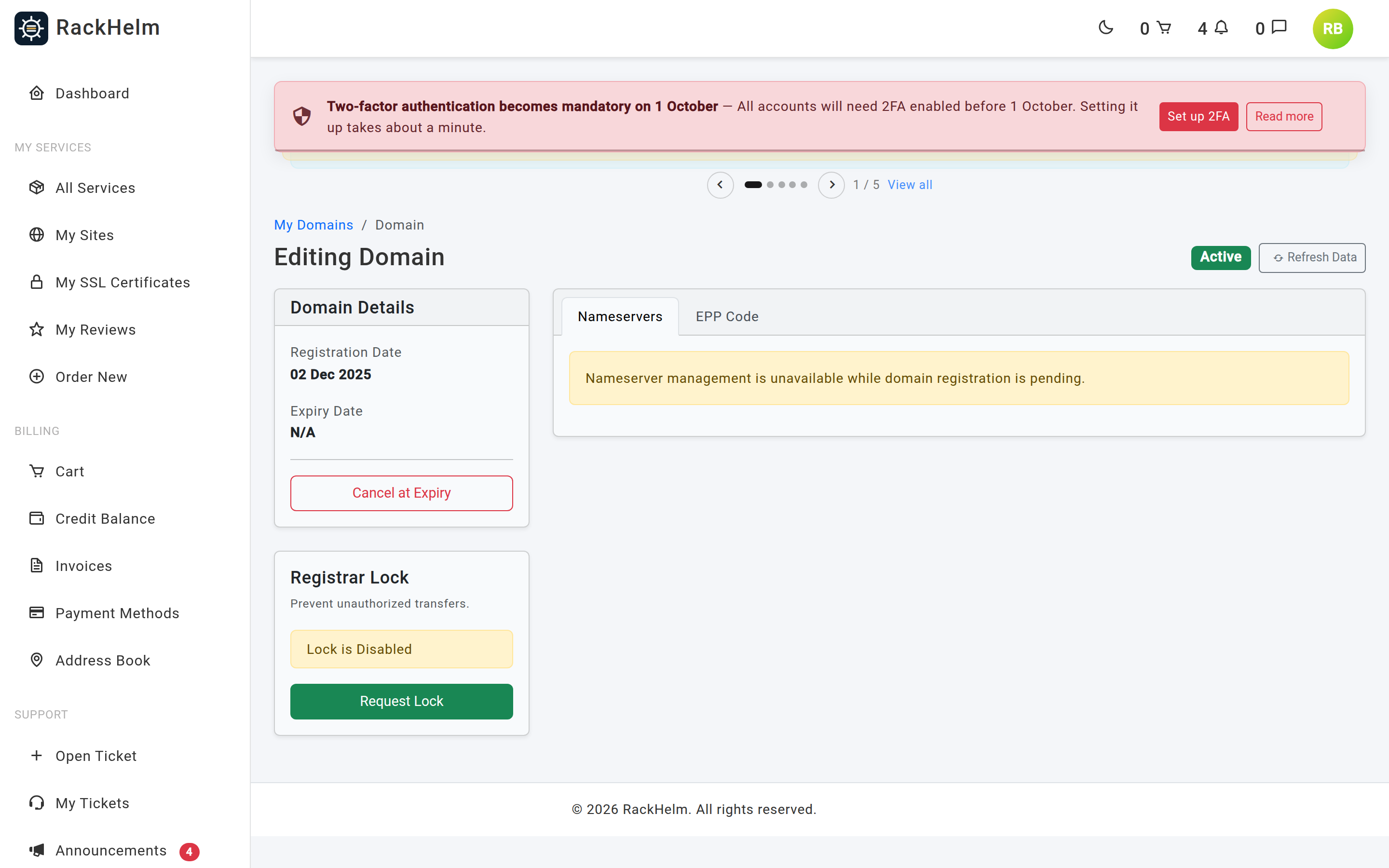 A domain management page with the nameservers tab open and the registrar lock card in the sidebar