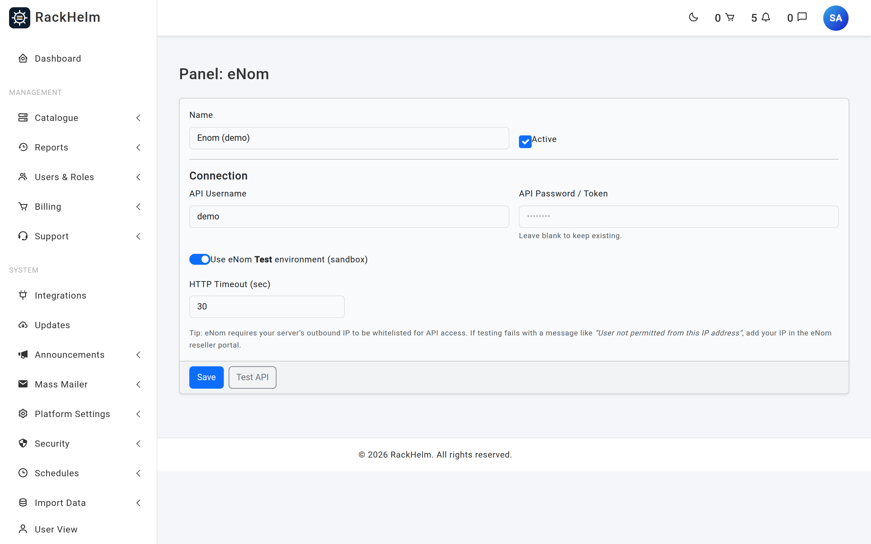 The eNom panel form with username, password, sandbox switch and timeout