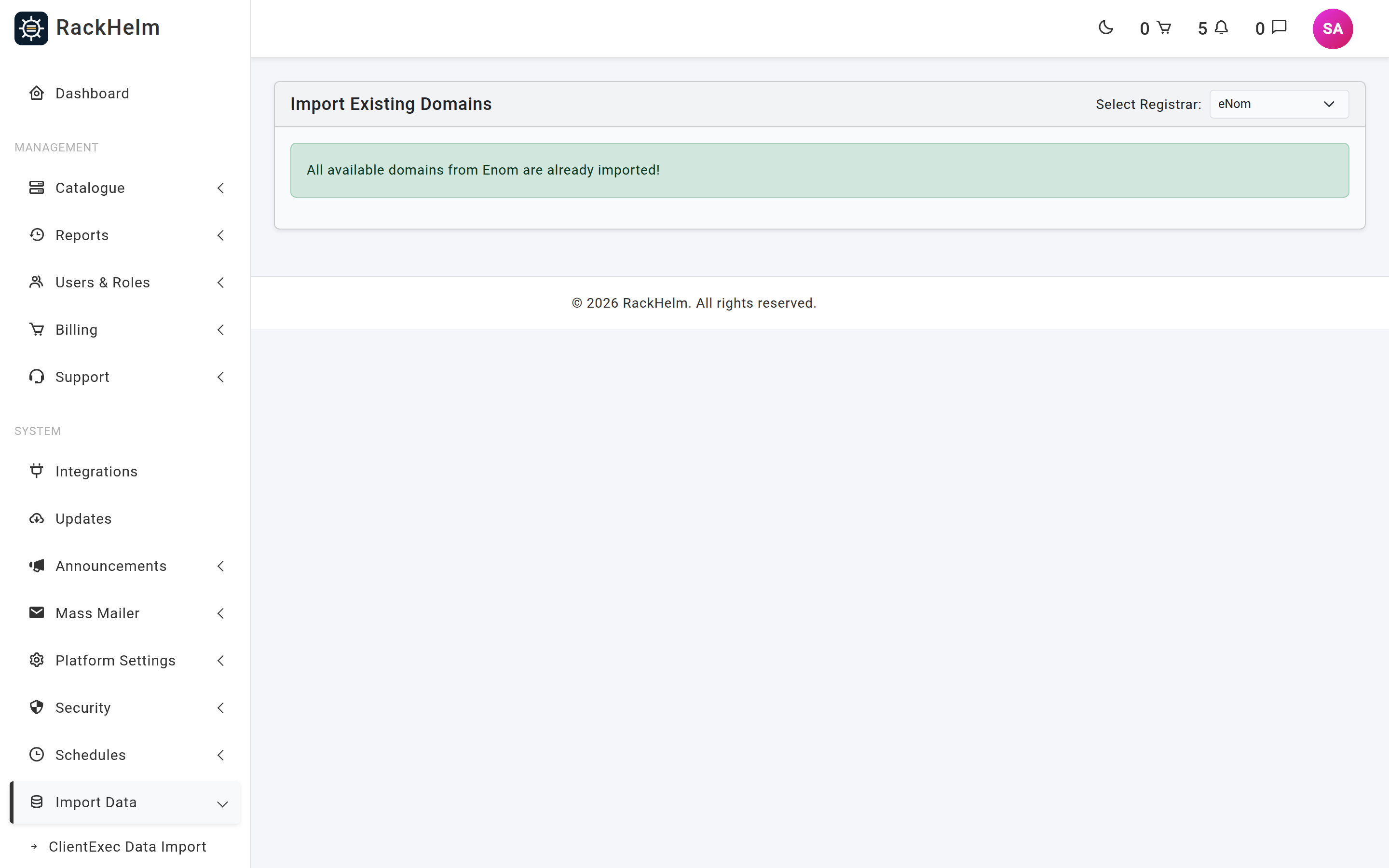 The Import Existing Domains screen listing cached domains with expiry and status, and a user selector