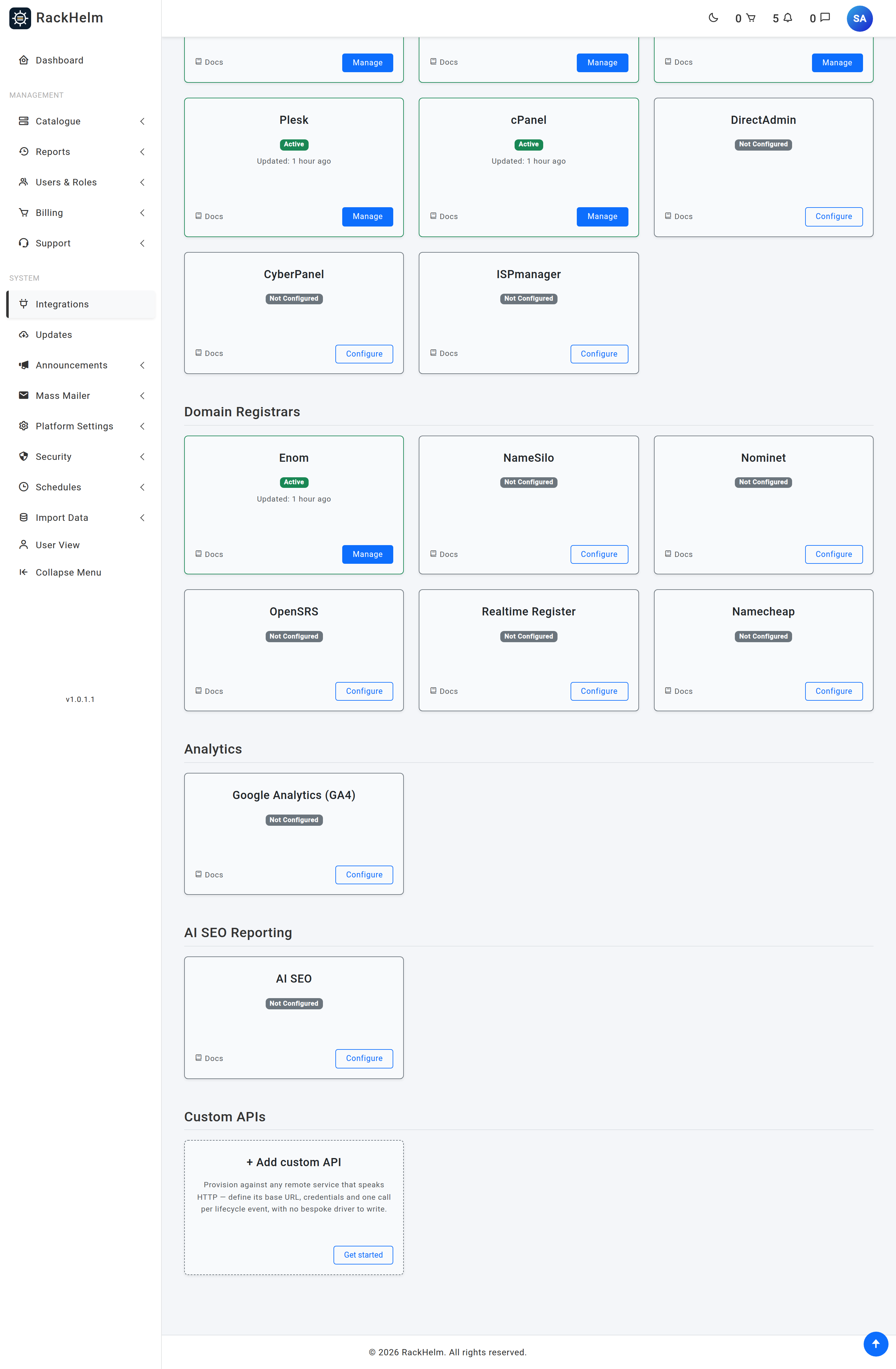 The Integrations page with a Domain Registrars section of provider cards