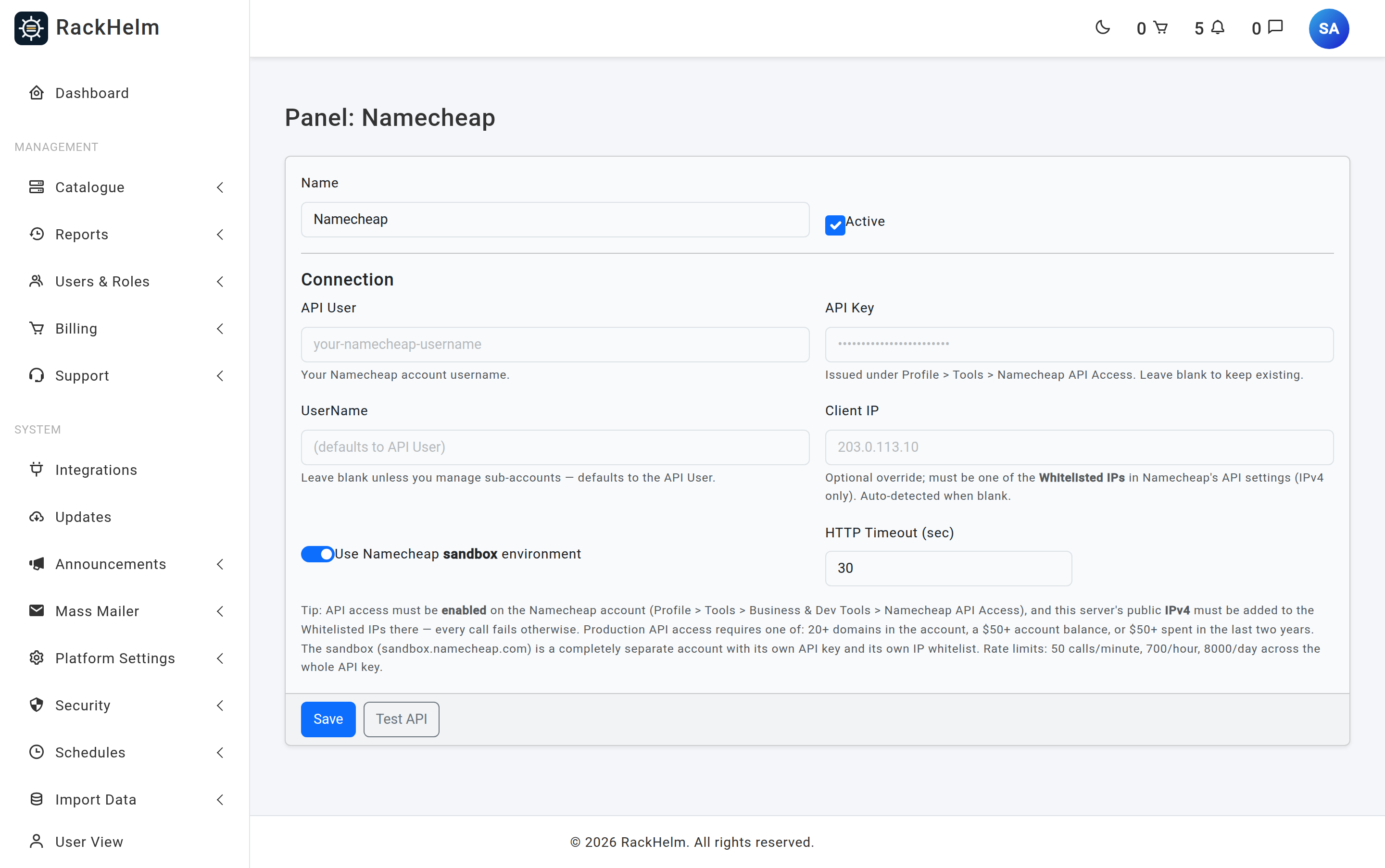 The Namecheap panel with API user, API key, username, client IP, sandbox switch and timeout