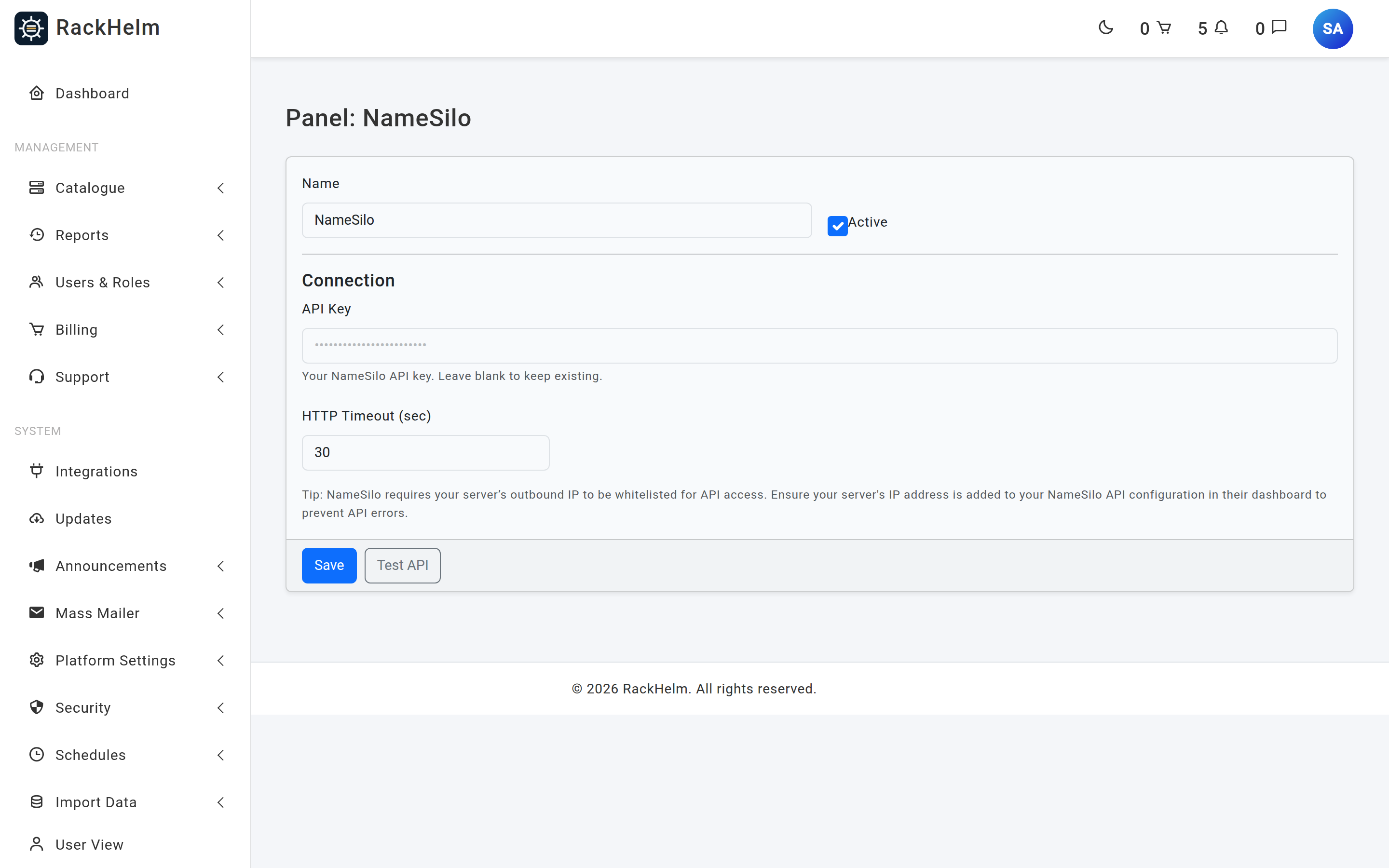 The NameSilo panel showing the API key field, timeout and Test API button