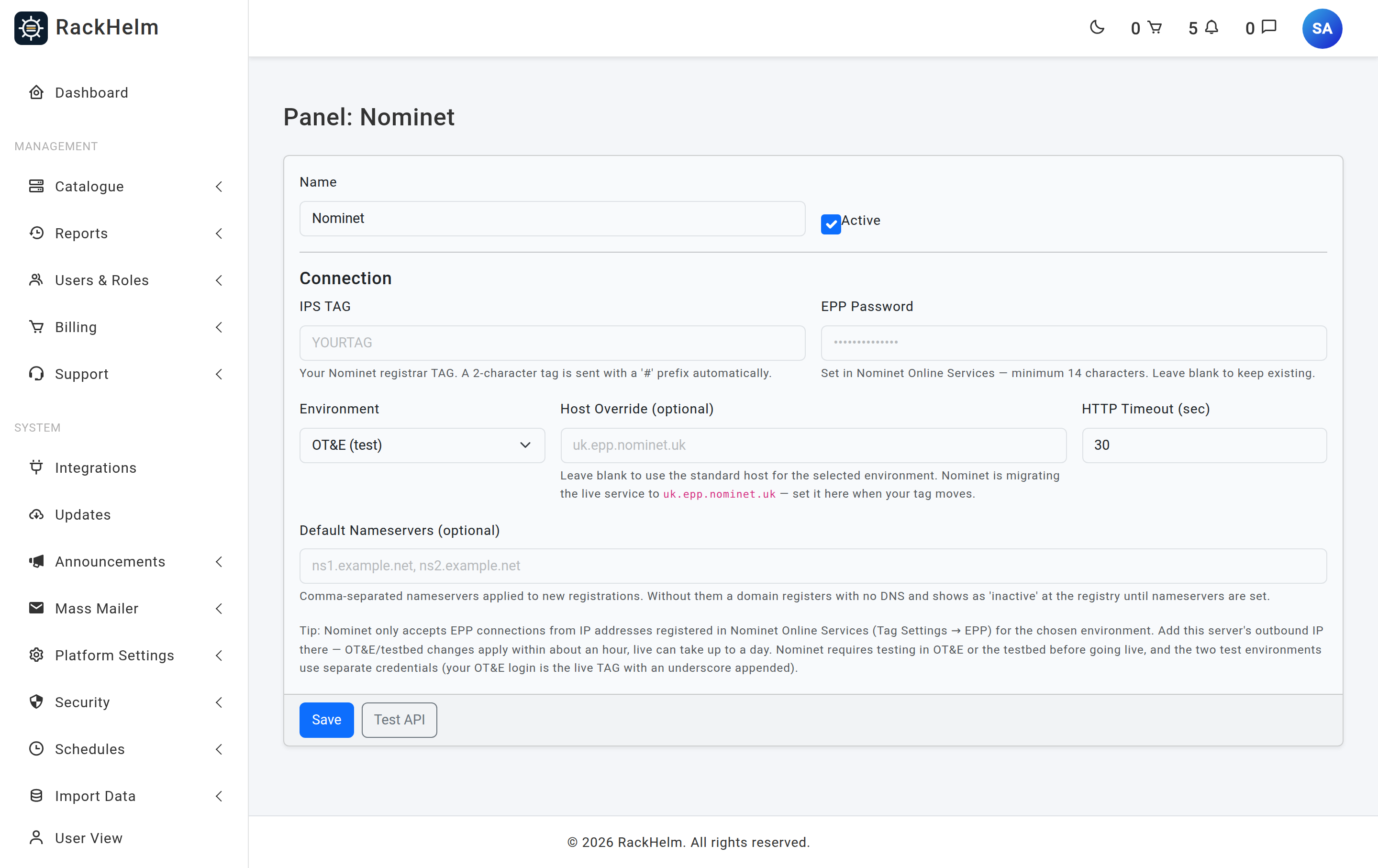 The Nominet panel with IPS TAG, EPP password, environment selector, host override and default nameservers