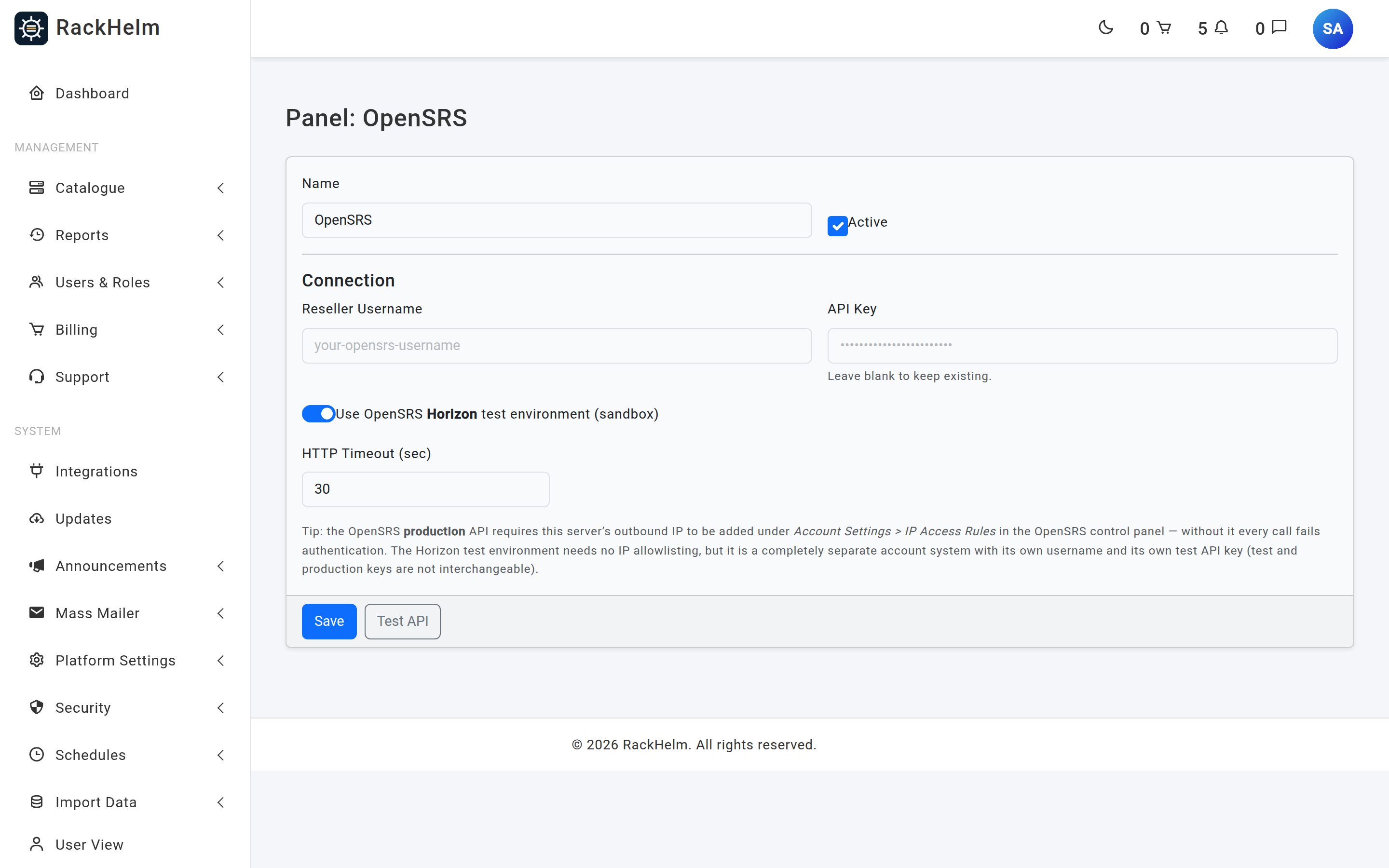 The OpenSRS panel with reseller username, API key, Horizon sandbox switch and timeout