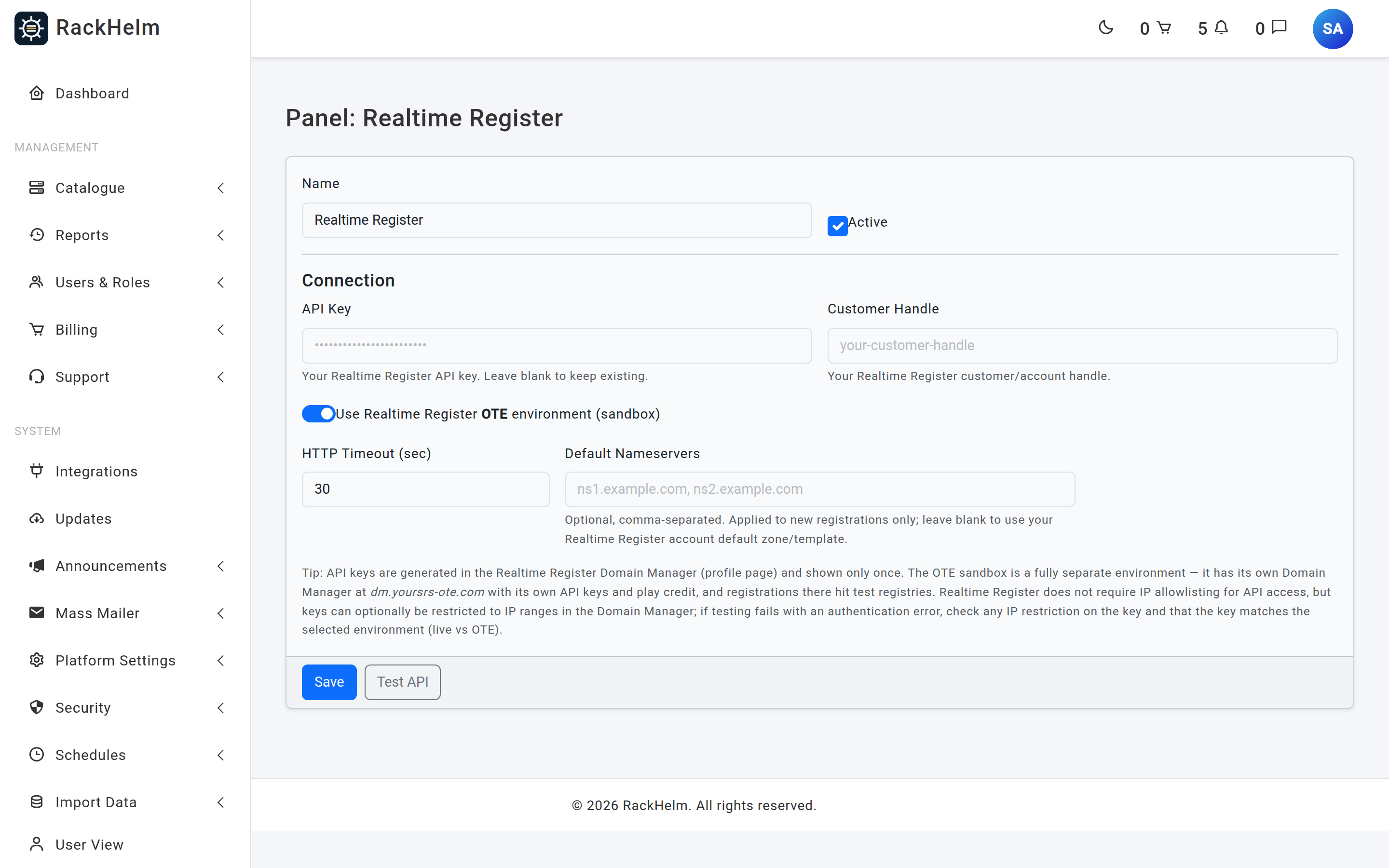 The Realtime Register panel with API key, customer handle, OTE switch, timeout and default nameservers