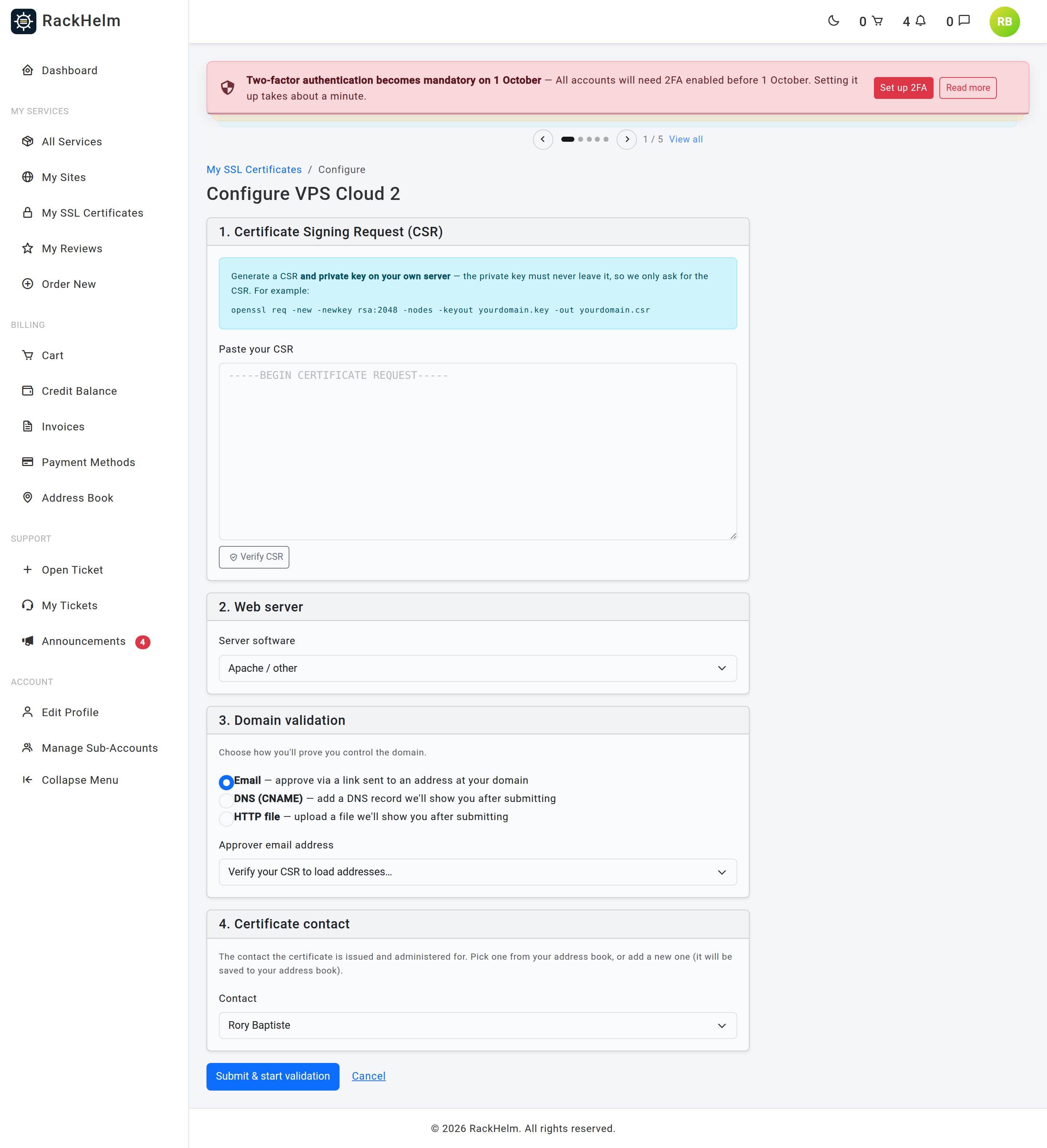 The four-step SSL configure form: CSR, web server, domain validation and contact
